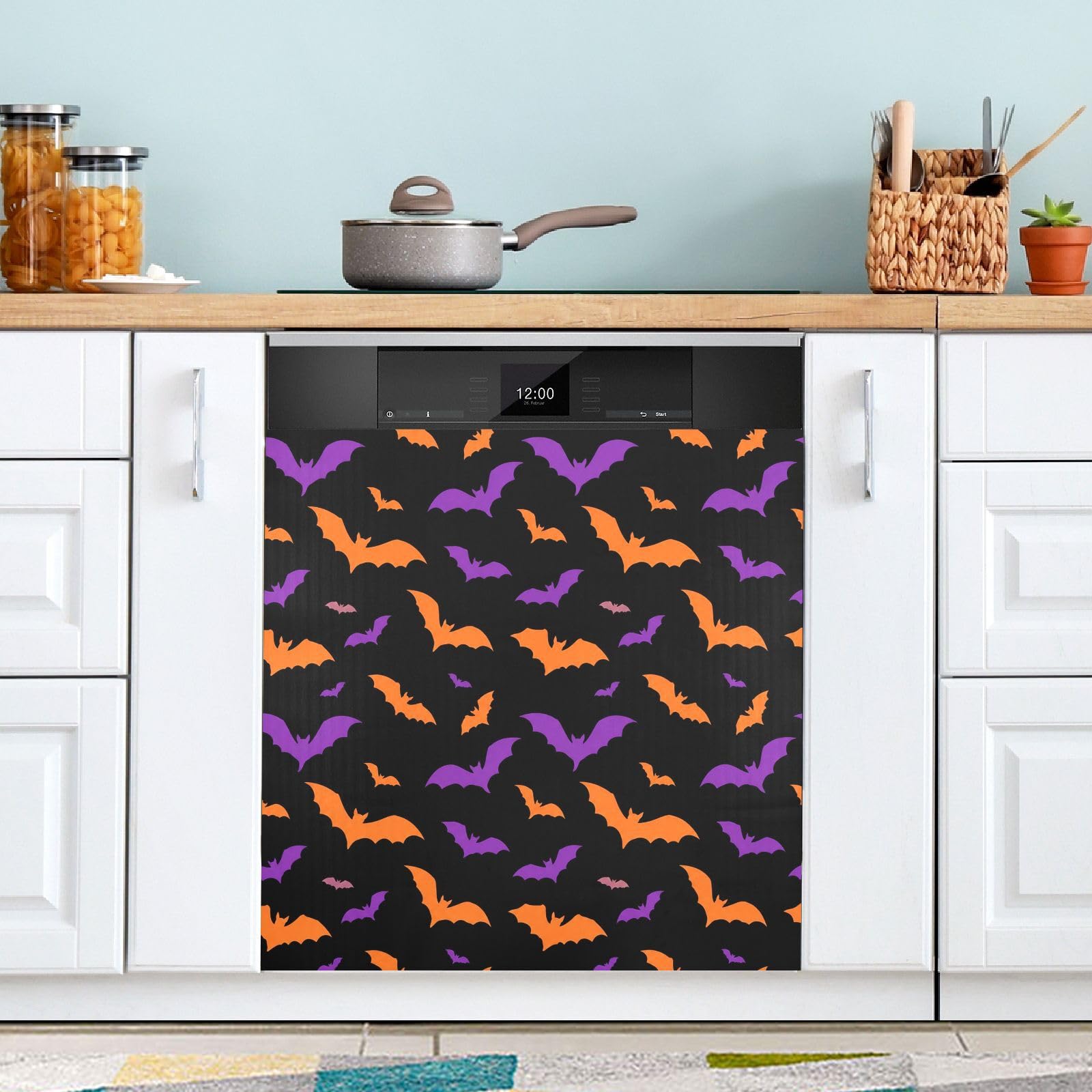 Dishwasher Magnet Cover 58.42 x 66.04 cm Magnetic Dishwasher Door Cover Trimmable Appliance Decorative Panel Decal for Kitchen Cabinet Refrigerator Washer, Bats Halloween