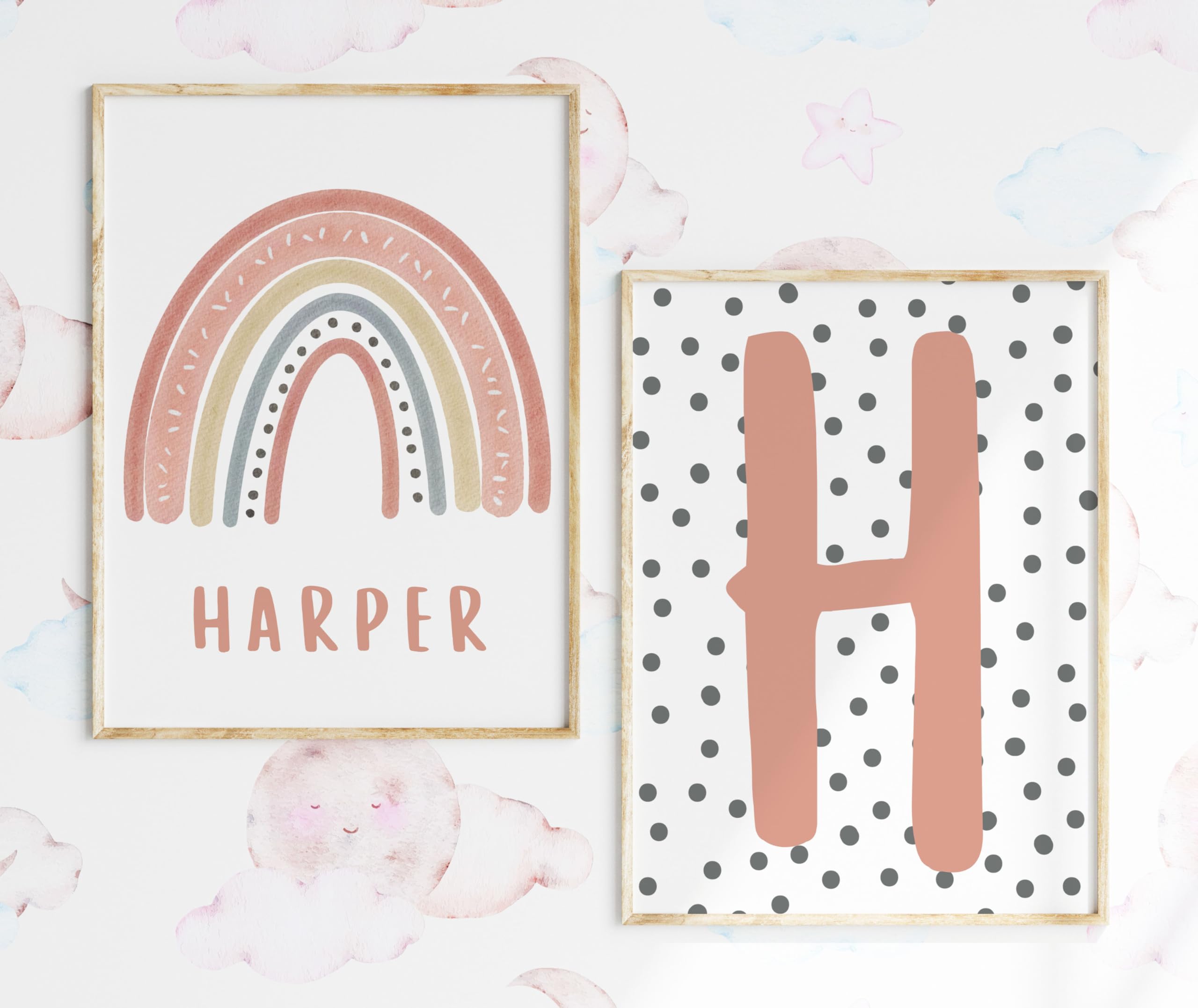Personalised Name Rainbow Set of 2 Unframed Prints Polka Dot, Girls Nursery Decor Wall Art, Playroom Poster, Girls Bedroom Prints, Red Pink Coral Nursery (A3)
