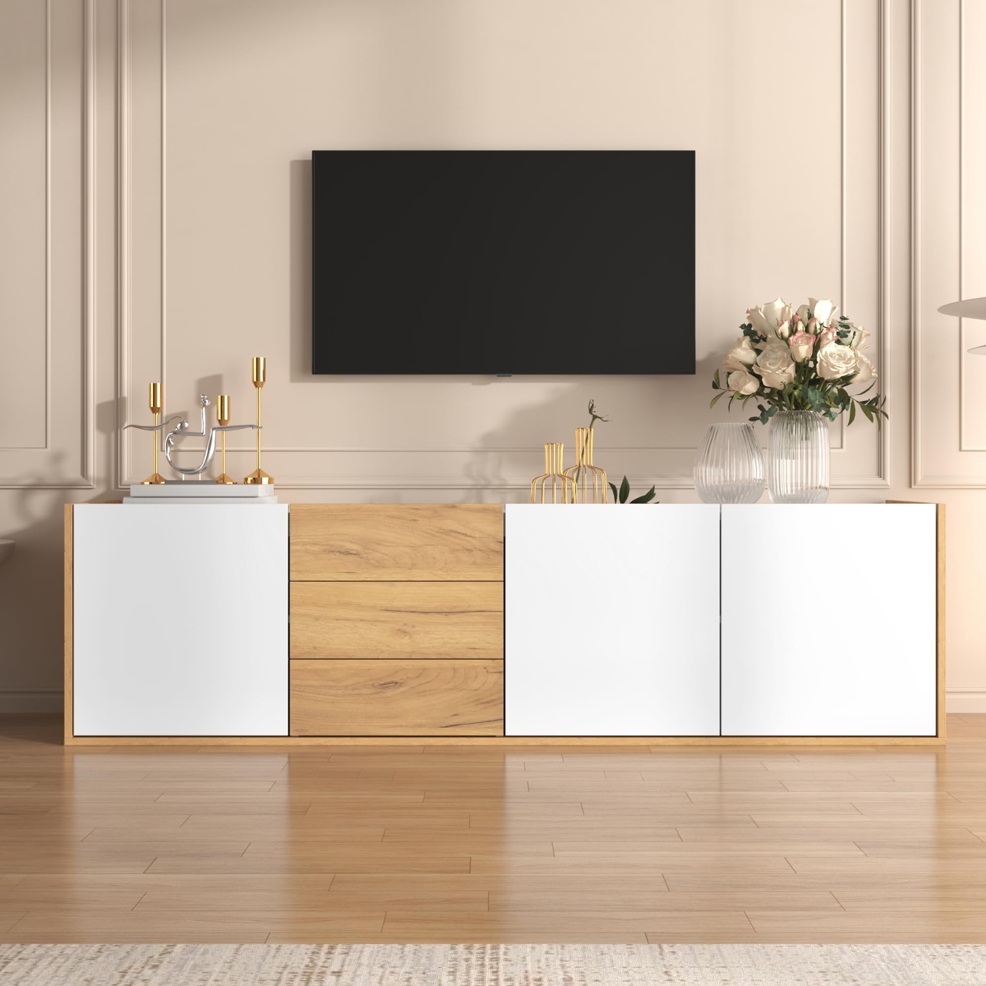Mobile TV pannello basso in colore bianco e legno, può essere appeso alla parete o posizionato sul pavimento