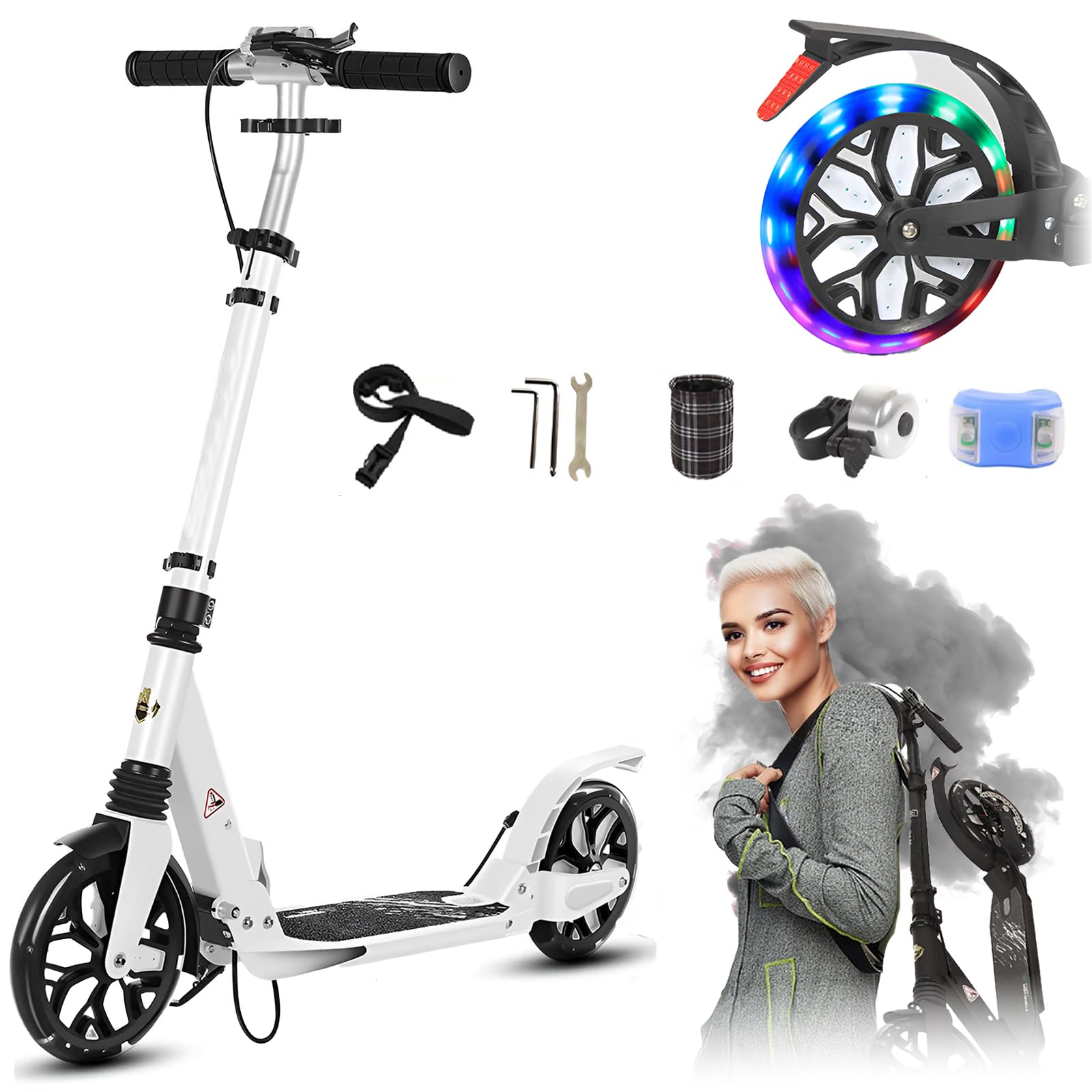 Big Wheel Scooter City Roller Kickscooter für Erwachsene klappbar LED 200mm,150KG Cityroller mit Handbremse, Tretroller Kinder Mädchen Jungen Teenager, Kickscooter Kinder Scooter