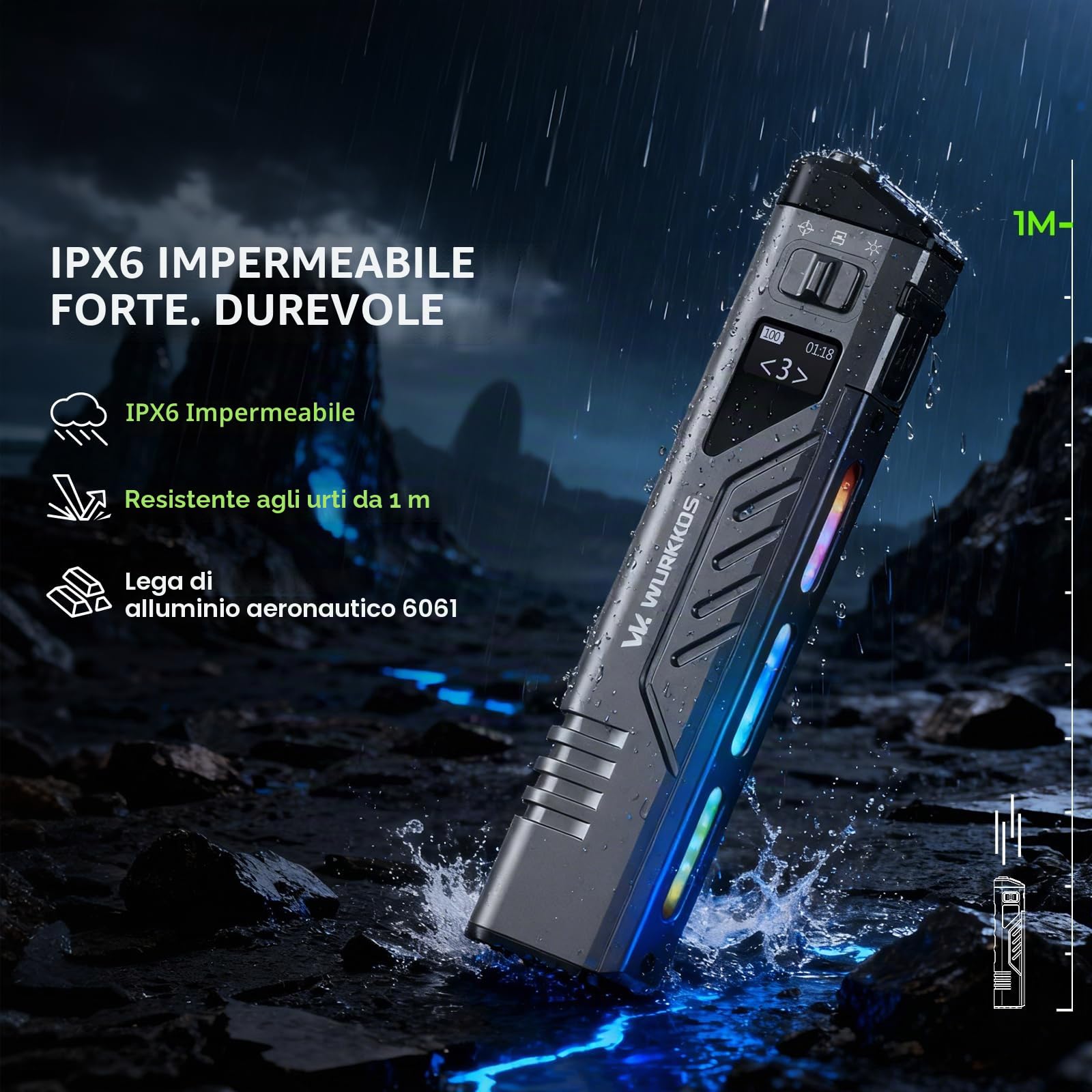 Wurkkos TD11 Torcia Tattica EDC, 3000 Lumen Torcia Led Potente Professionale, Display OLED, Doppi Pulsanti, Ricaricabile USB-C, Luce Spot e Diffusa con RGB, IPX6 per Campeggio ed Emergenze
