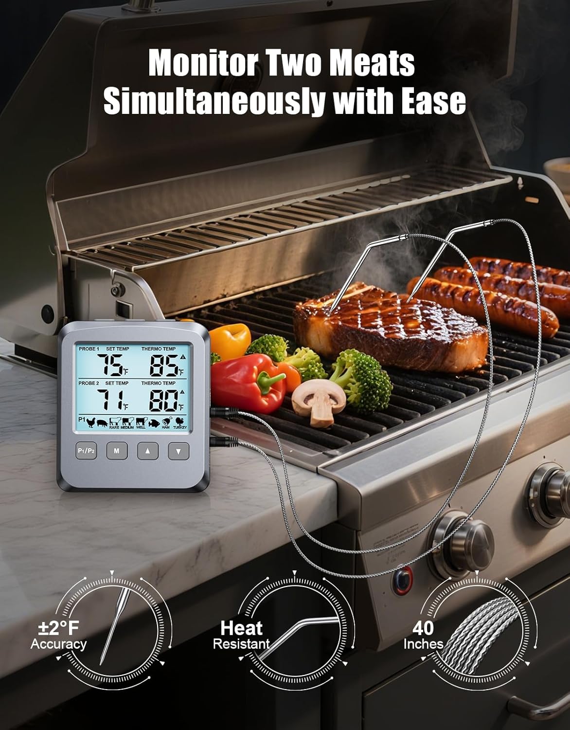CIRYCASE Digital Meat Thermometer displaying two probe temperatures on a grill with steaks and sausages.