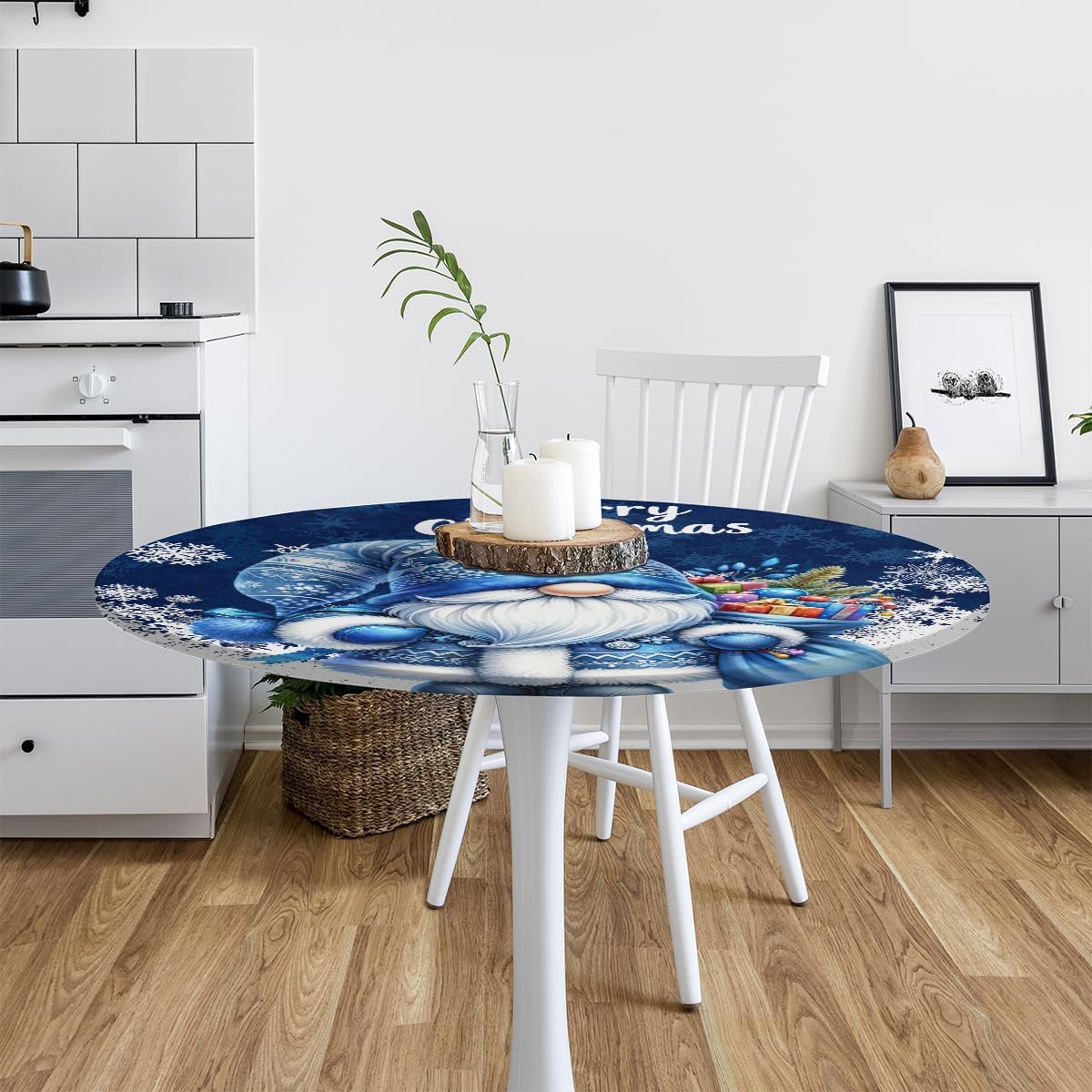 Round Fitted Tablecloth Wipeable Elastic Christmas Blue Gnome Table Cover Waterproof Circle Table Cloth for Indoor Outdoor Dining Kitchen Picnic Camping Patio Decor Gifts,Fit 45-50in Tables