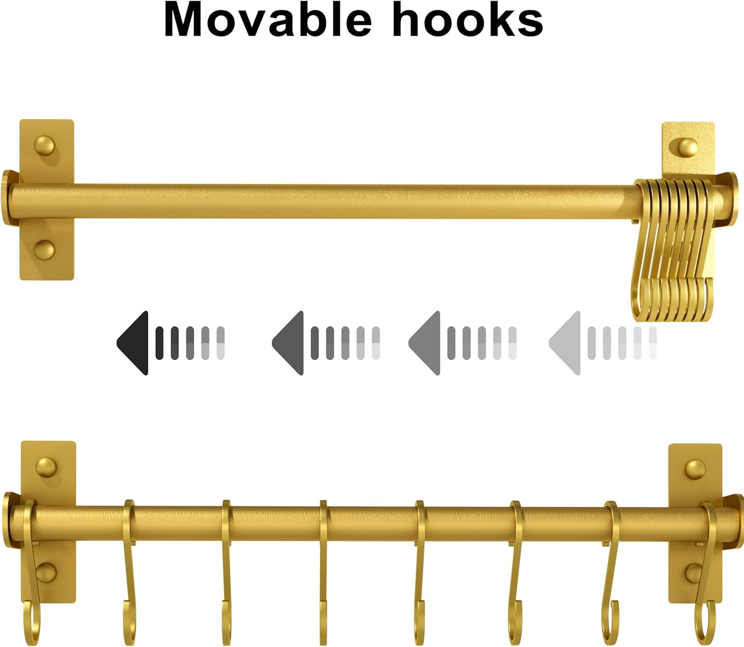 Dseap Kitchen Utensil Holder Hanger, Pot and Pan Rack Wall Mounted, Kitchen Rail with 8 Hooks for Hanging Cooking Utensils, Mugs, Spoons, Wall Mounted, Gold, Pack of 2