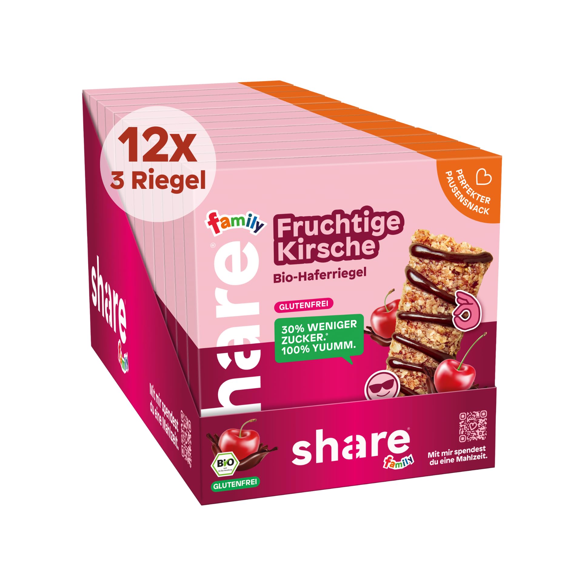 share Family Bio Bar Fruchtige Kirsche Haferriegel 12x(3x25g) | Vegan, Glutenfrei, Zuckerreduziert, Ballaststoffreicher Müsliriegel Snack für Kinder – Jeder Kauf spendet
