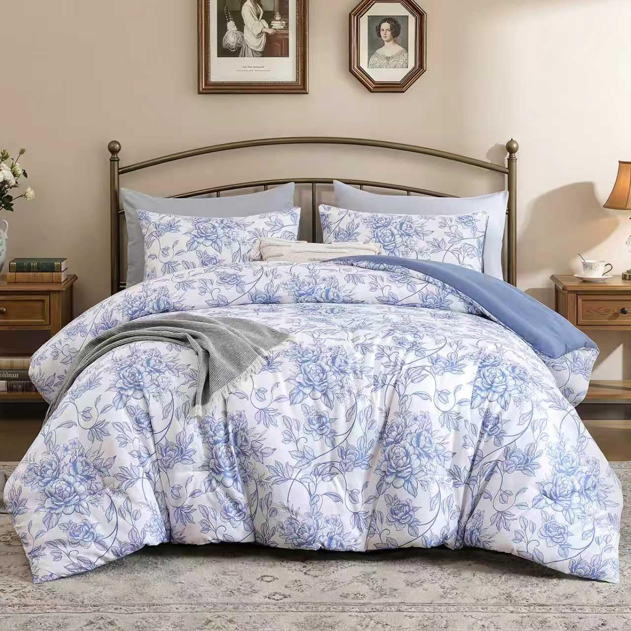 JANZAA Full Size Comforter Set - Pink Floral Comforter, 3 Piece Cute Floral Bedding for All Season, 1 Soft Fluffy Breathable Microfiber Spring Comforter Set with 2 Pillow Shams