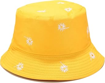 Womens Embroidered Daisy Bucket Hat Reversible Packable Beach Sun Hat