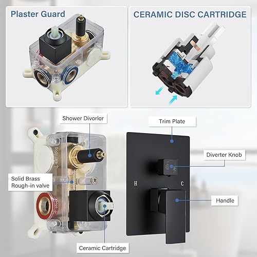 Miniatura 4 de Shower Faucet Matte Black Shower System with 12 Inches Rain Shower Head and Handheld Spray Bathroom Luxury Rain Shower Faucet Set Complete Wall