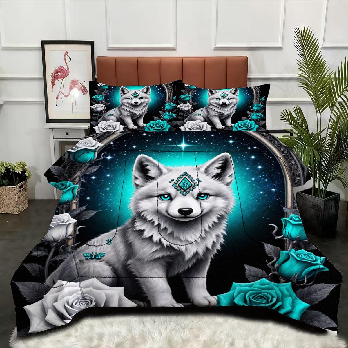Parure de lit 4 saisons avec couette 220 x 240 cm loup 3D réversible