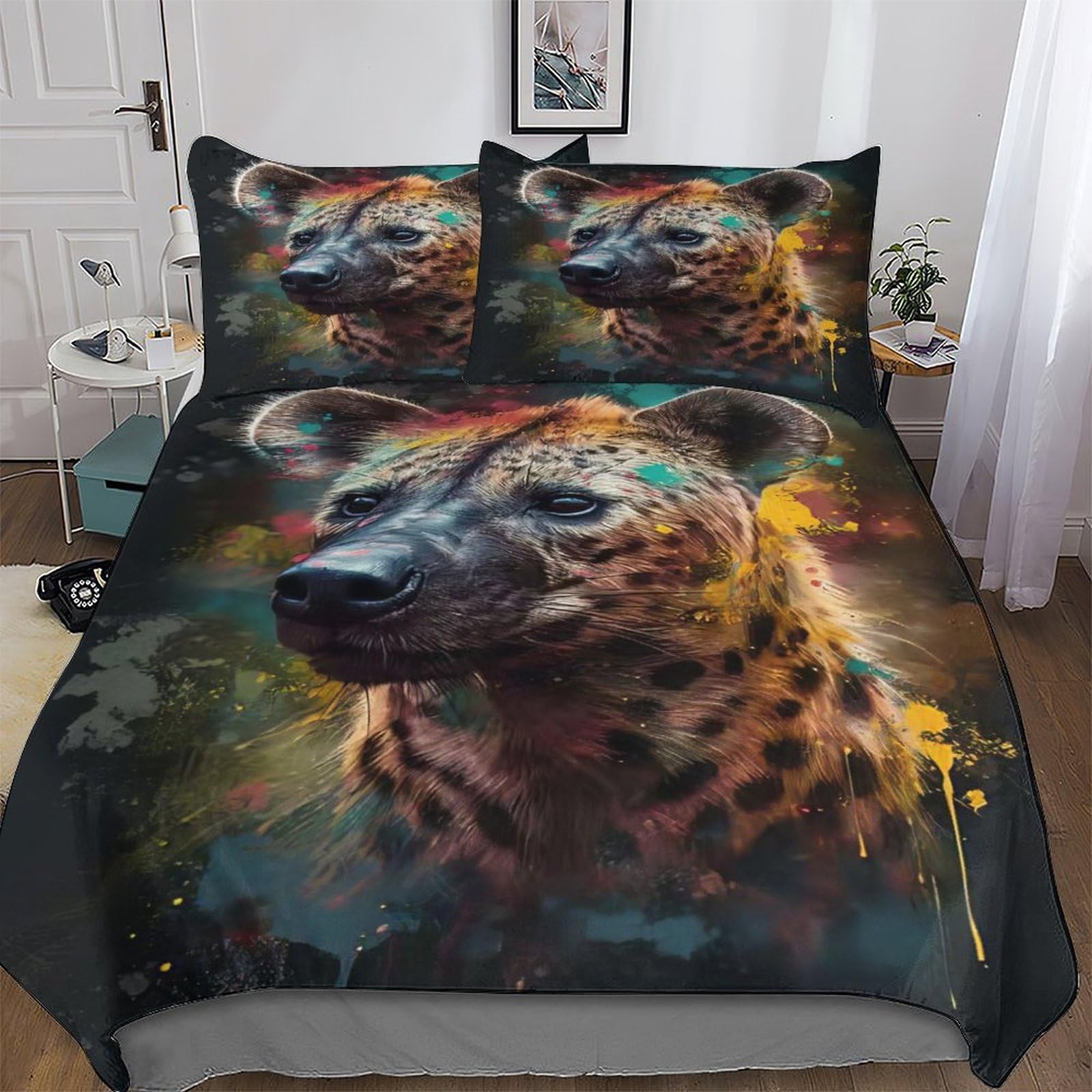 Housse de couette 220x240cm imprimé hyène et taies parure en microfibre