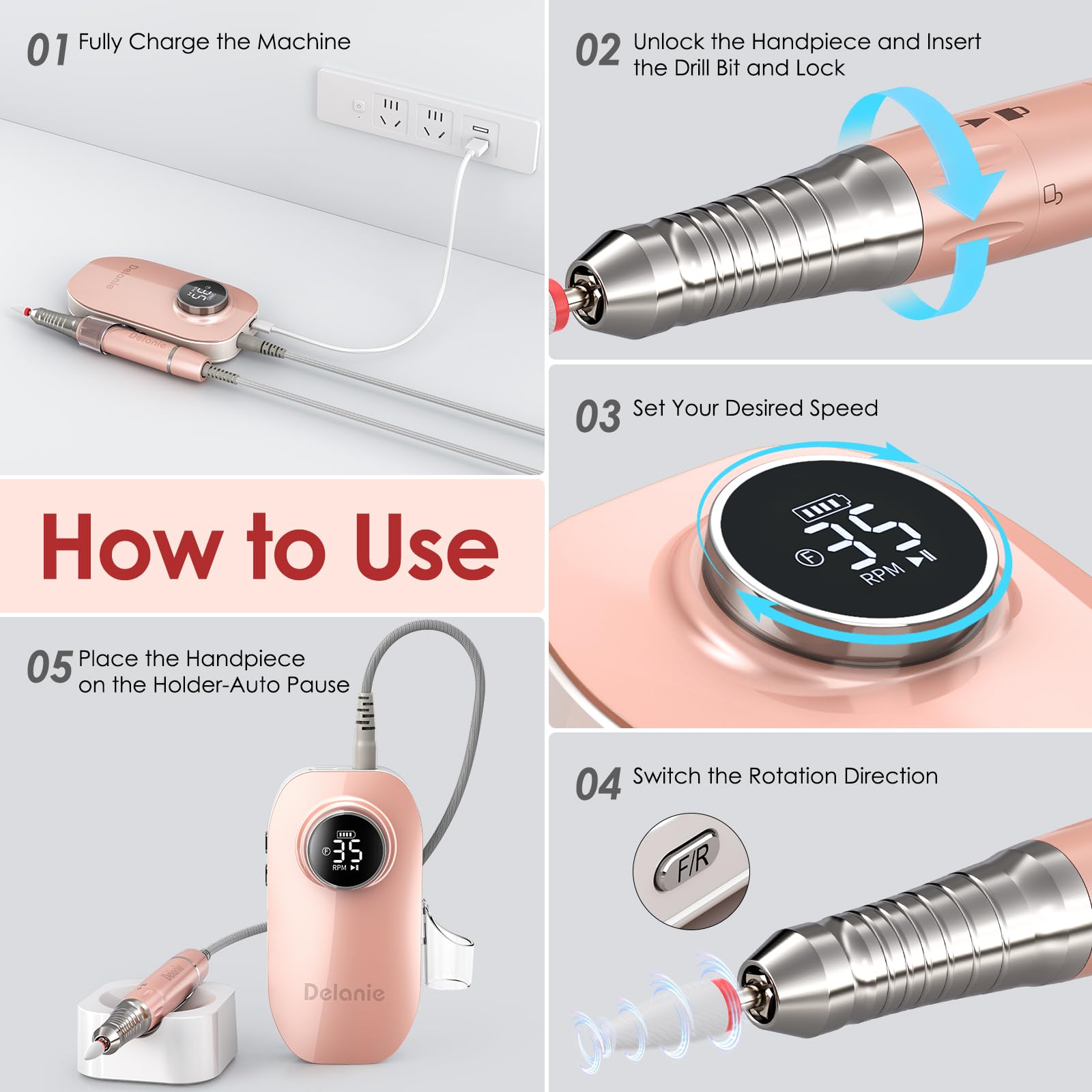 Delanie Torno para Uñas Profesional Inalámbrica 35000RPM con Motor sin Escobillas, Lijadora de Uñas Eléctrica Portátil con Base de Pausa Inteligente, Perfecta para la Sala de Estar/Hogar