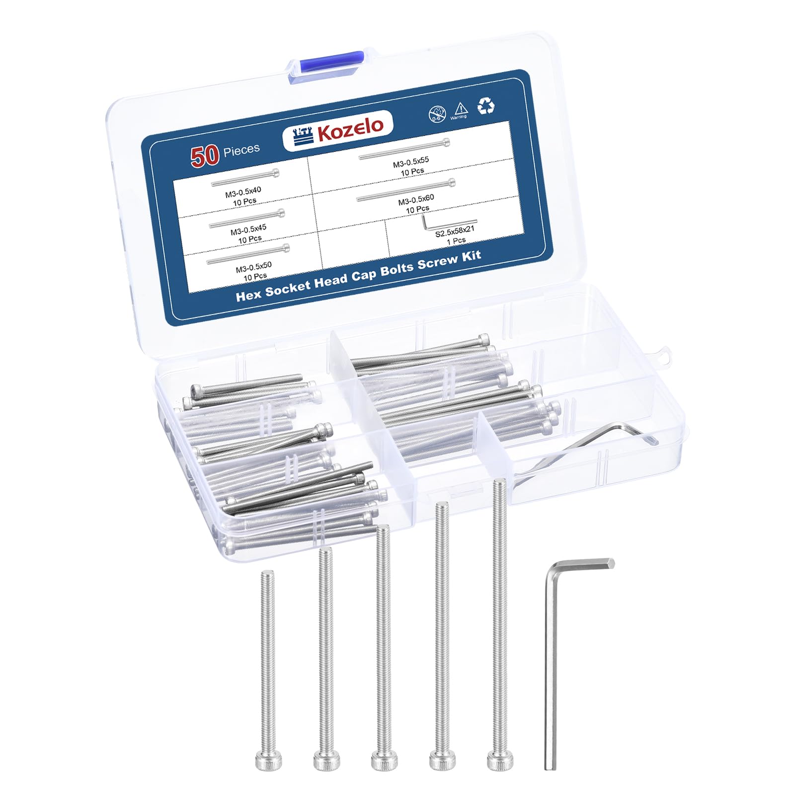 Kozelo 50pcs M3 Socket Head Cap Screws Bolts Nuts Assortment Kit - [M3x40/45/50/55/60mm] 304 Stainless Steel Allen Socket Drive for 3D Printer with