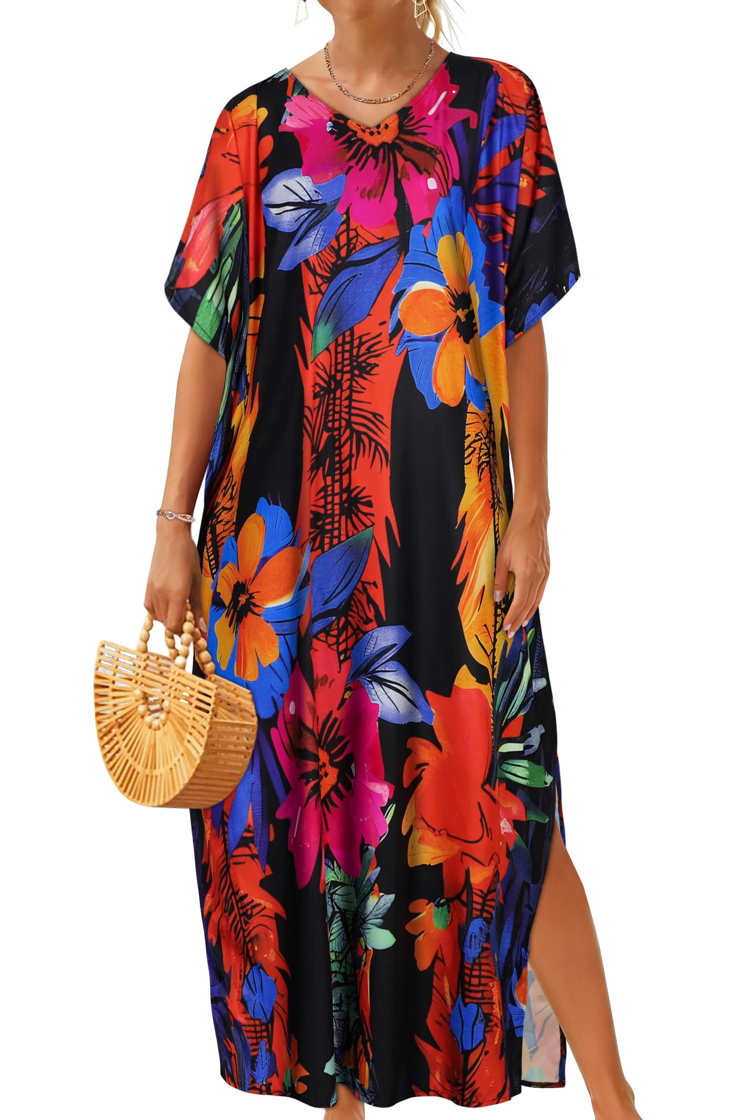 Kaftan Dresses for Women Oversized Long Batwing Sleeve Caftan V Neck Beach Cover Ups Summer Maxi Dress-image-39