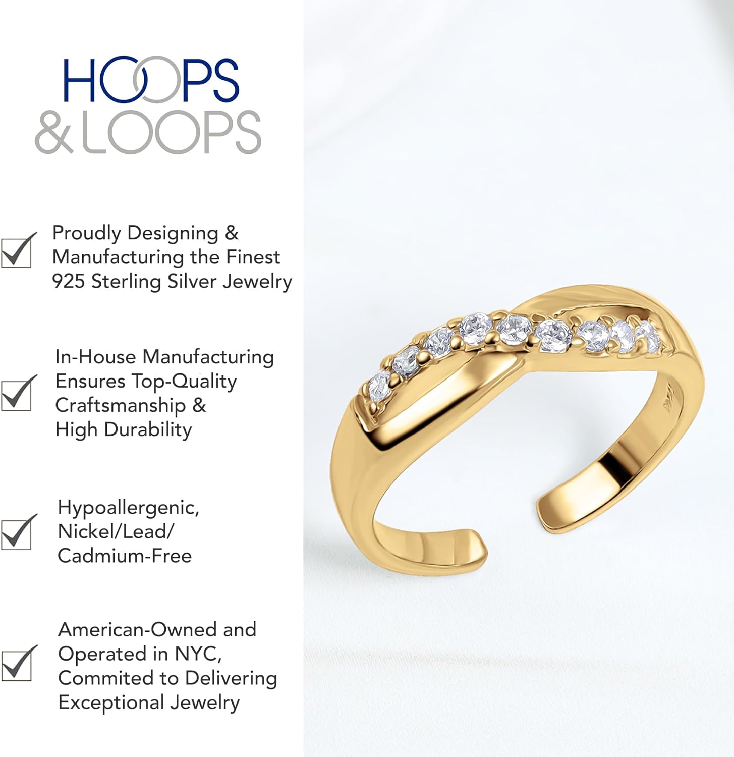 Hoops & Loops 925 Sterling Silver Infinity Figure 8 Cubic Zirconia Open Toe Ring for Women