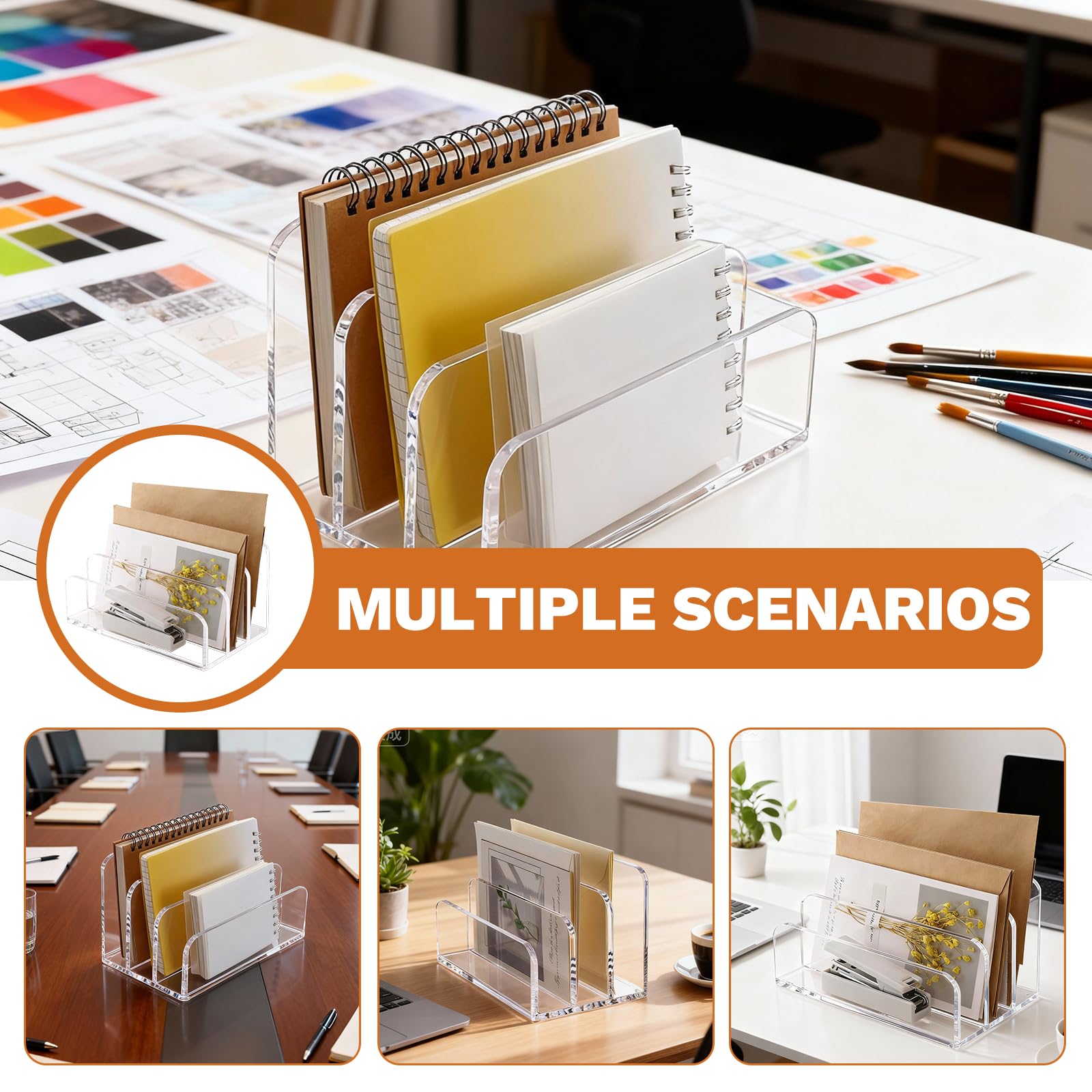 Soporte para cartas con 3 compartimentos, escritorio, soporte para cartas de acrílico, organizador de cartas transparente, soporte para documentos para escritorio, cartas, postales, folletos