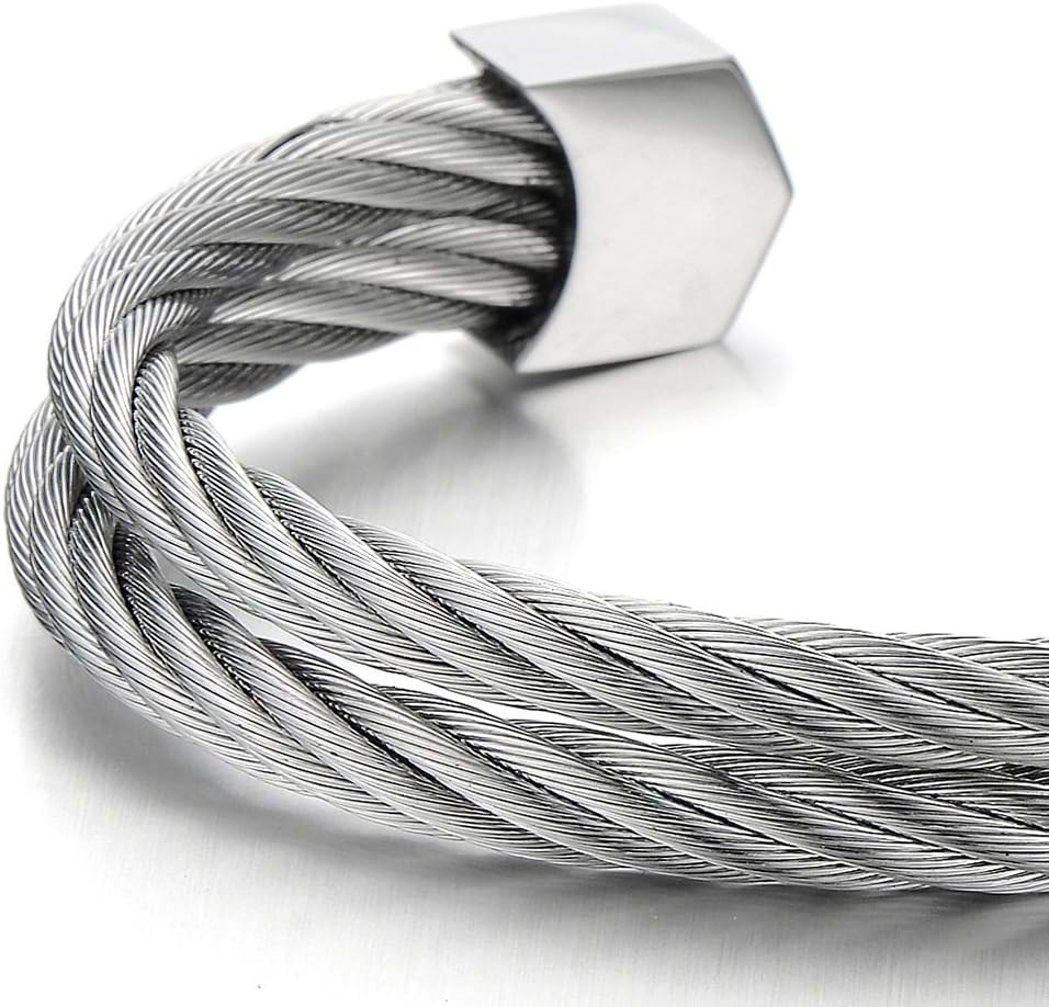 COOLSTEELANDBEYOND Mens Womens Stainless Steel Two Rows Twisted Cable Adjustable Cuff Bangle Bracelet - Image 4