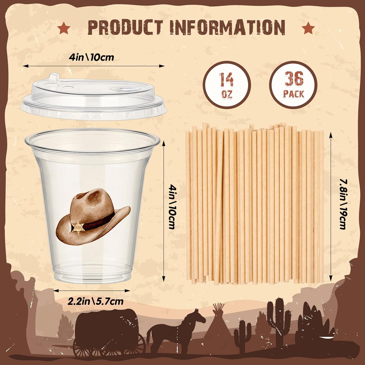 Boao 36 Sets Wild West Party Decorations Cowboy Party Cups with Lids and Paper Straws 14 oz Cowboy Birthday Supplies Brown Pattern Disposable Clear Plastic Cups Bulk - Image 2