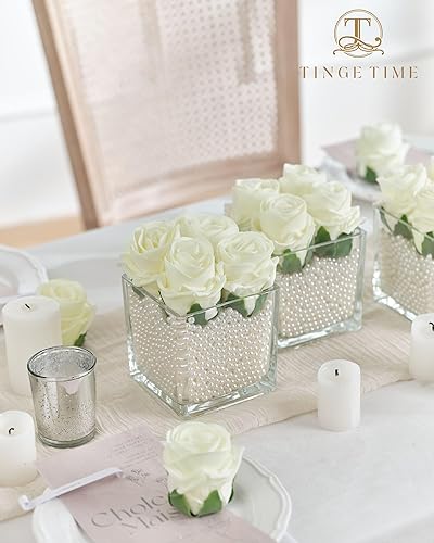 Miniatura 4 de TINGE TIME 25 rosas artificiales para decoración, flores falsas marfil de aspecto real con tallo para ramos de boda, centros de mesa, despedidas de