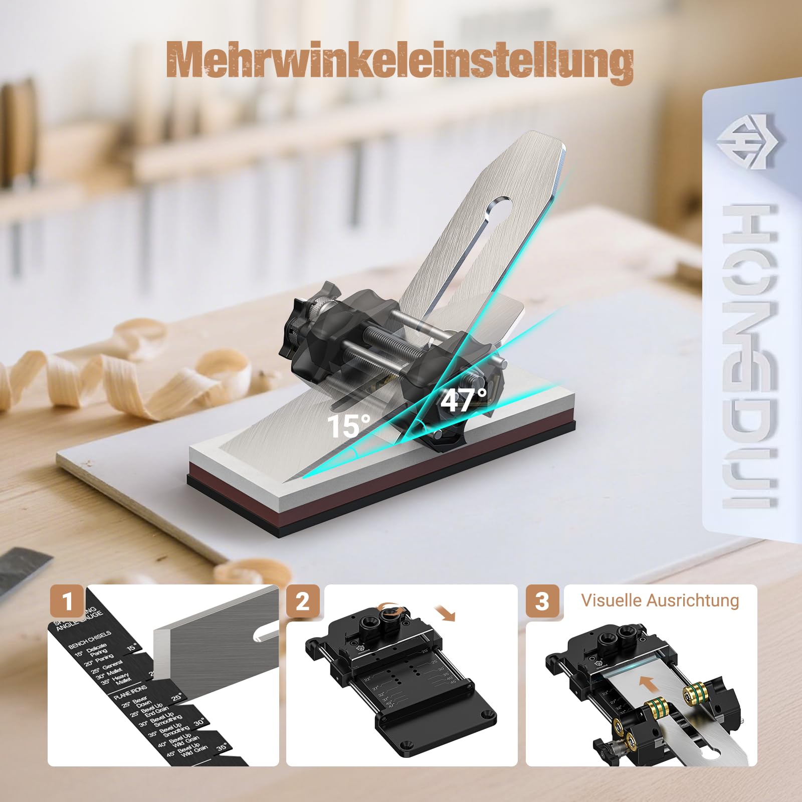 HONGDUI Schleifhilfe Stechbeitel Kit, mit Schärfhalter, Winkelvorrichtung, Schnelle Winkeleinstellung und fixierung, Schärfen für Meißel und Hobel Breite 0.25-8.1cm-HD34