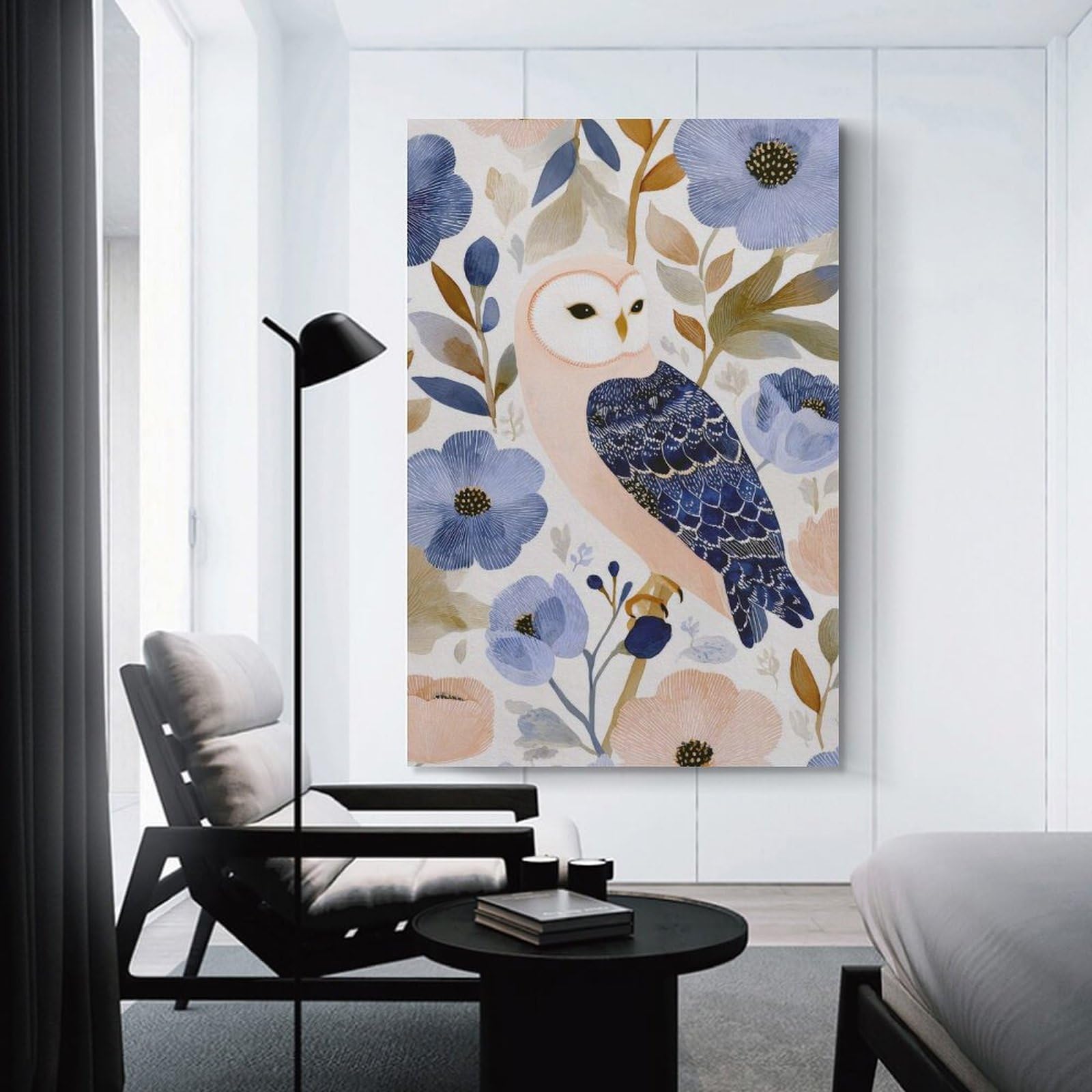 Junmoney Owl in Floral Watercolor Illustration Canvas Wall Picture, 24x36inch(60x90cm), for Flats, Guest Rooms Or Compact Rooms, An Easy Choice for New Home Styling