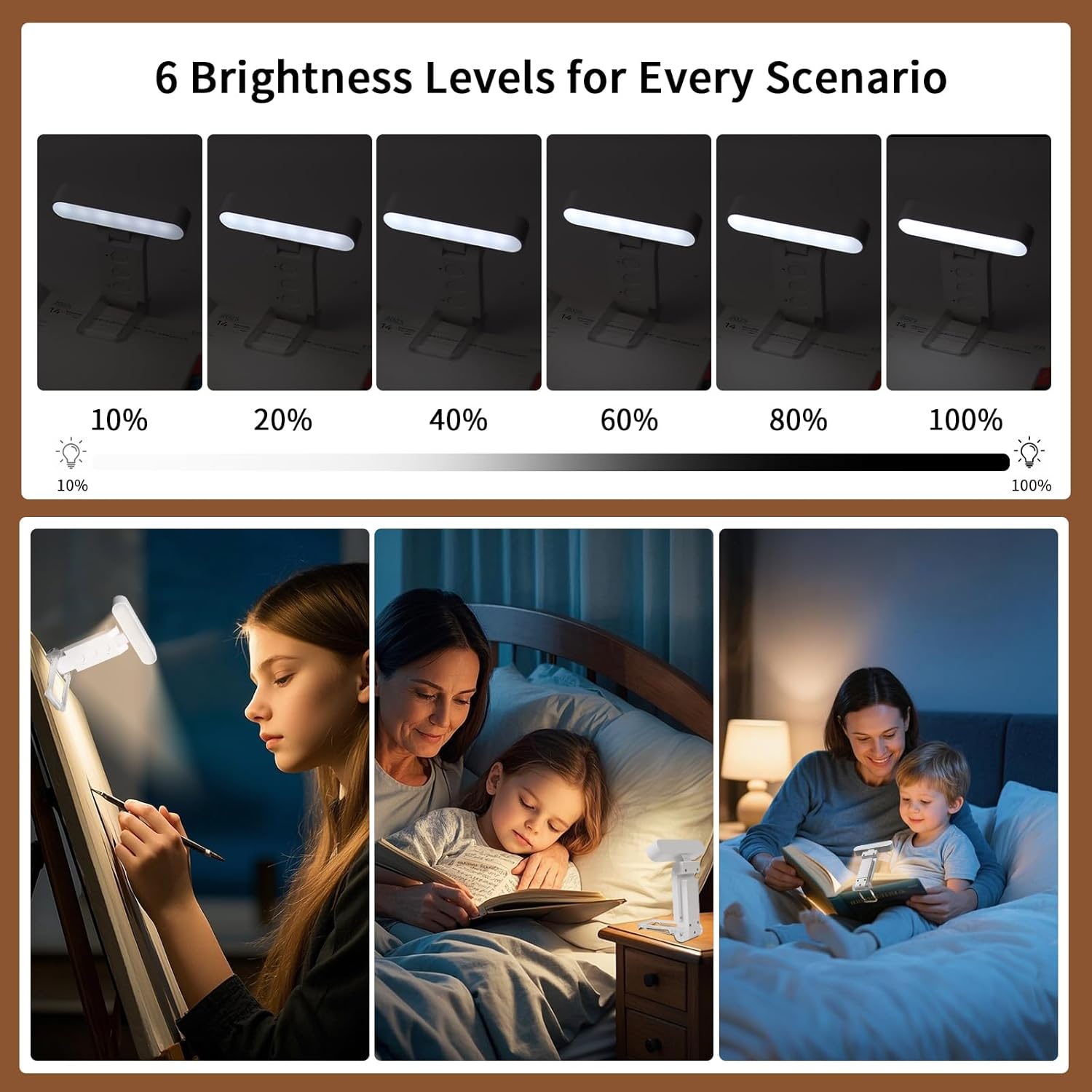 Book Light,USB Rechargeable Clip-On Reading Light,30 Adjustable Modes,Eye-Caring with Timer,Perfect for Book Lovers/Travel (White, Rectangle)