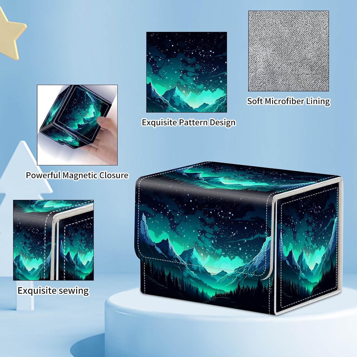 for MTG Commander Deck Box,Card Deck Box for Trading Yugioh MTG,Fits 100 Double Sleeved Cards,PU Leather Strong Magnet Case for Magic Commander TCG CCG,Green Starry Sky Snow