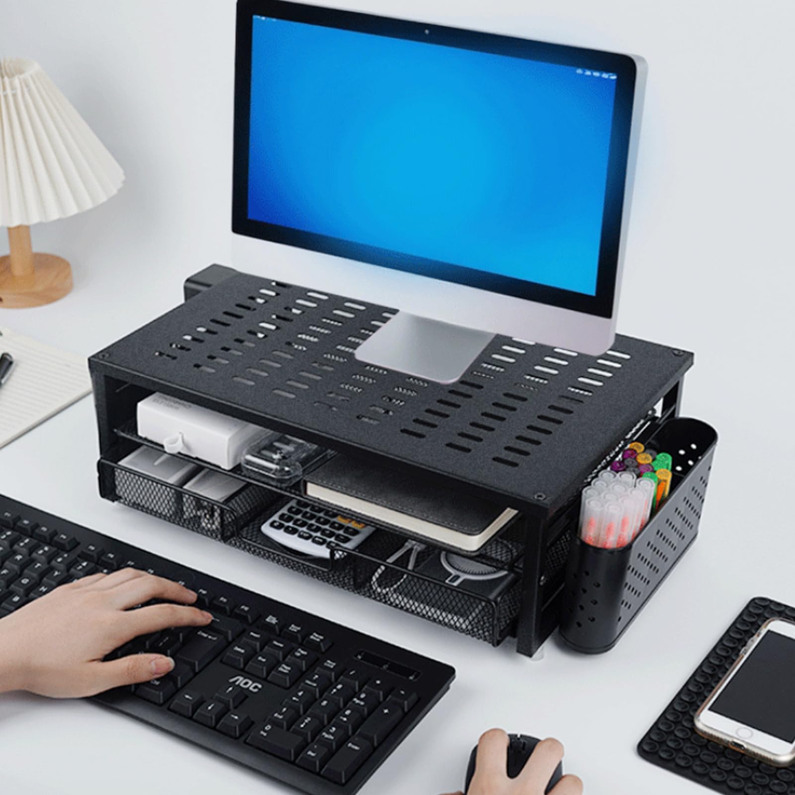 Supporto per monitor, organizer da scrivania con cassetto e 2 portapenne, rialzo monitor, altezza dello schermo 48,5 x 25 x 15 cm, con passacavo per laptop, computer, notebook, PC (nero)