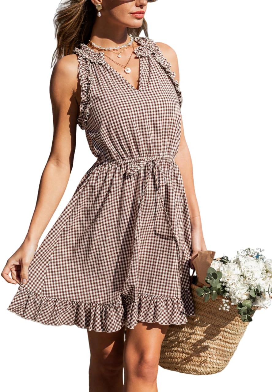 CUPSHE Women's Summer Dresses 100% Cotton Plaid Ruffle Sleeve V Neck Tie Front Smocked Mini Dress