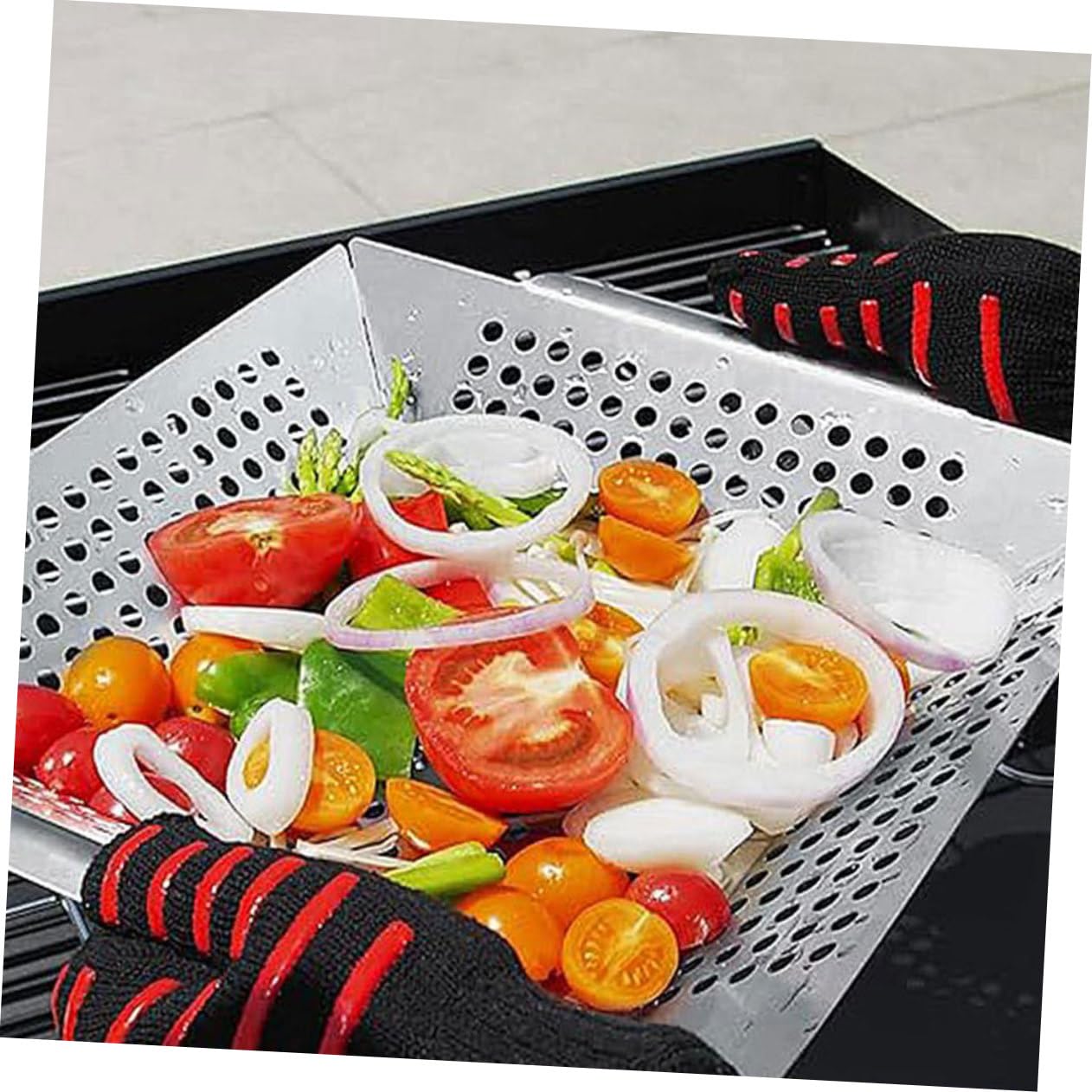 Griglia per barbecue in acciaio inox con doppi manici, padella portatile per campeggio all'aperto e cucina al chiuso, ideale per carne, verdure e pesce, facile da pulire