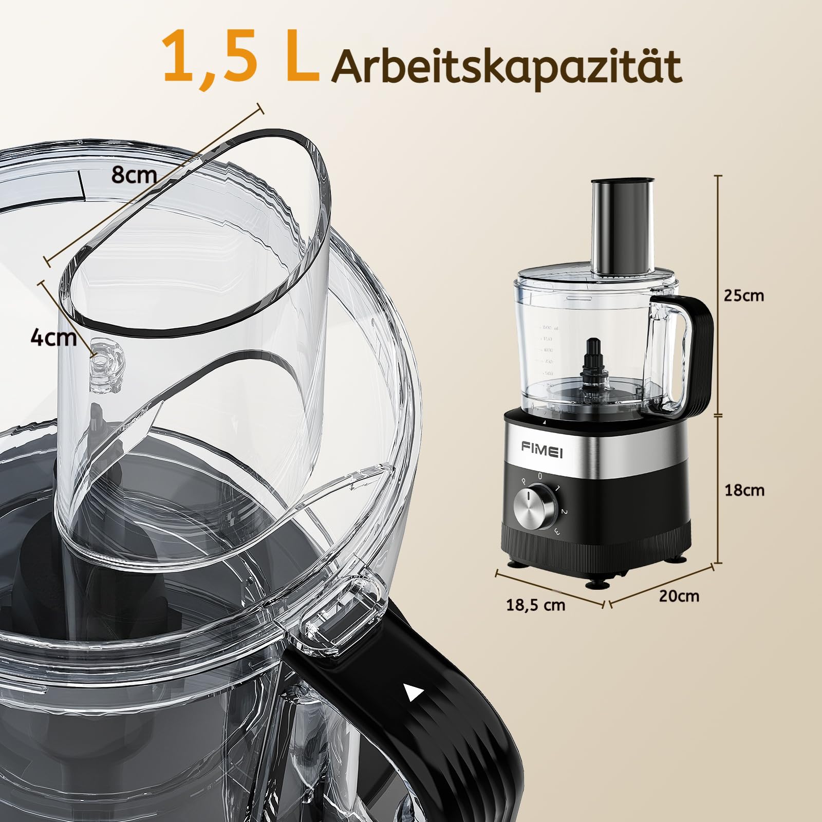 FIMEI Küchenmaschine 800W, 3 Geschwindigkeiten & Pulsfunktion, 1,5L Zerkleinerer, Teigkneter, Raspel, Wendeschneider, Emulgierscheibe, Doppelverriegelung, Kompakt & Platzsparend