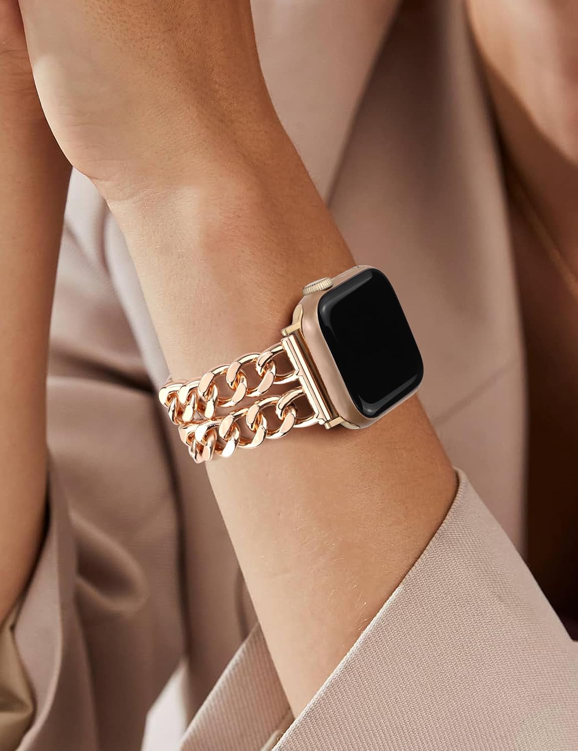 JR.DM Rose Gold Watch Bands for Women Compatible with Apple Watch 38mm 40mm 41mm 42mm (S10/11) Adjustable Metal Cowboy Steel Chain Bracelet for iWatch Series1/2/3/4/5/6/7/8/9/10/11 SE 3/2/1(No Case) - Image 8