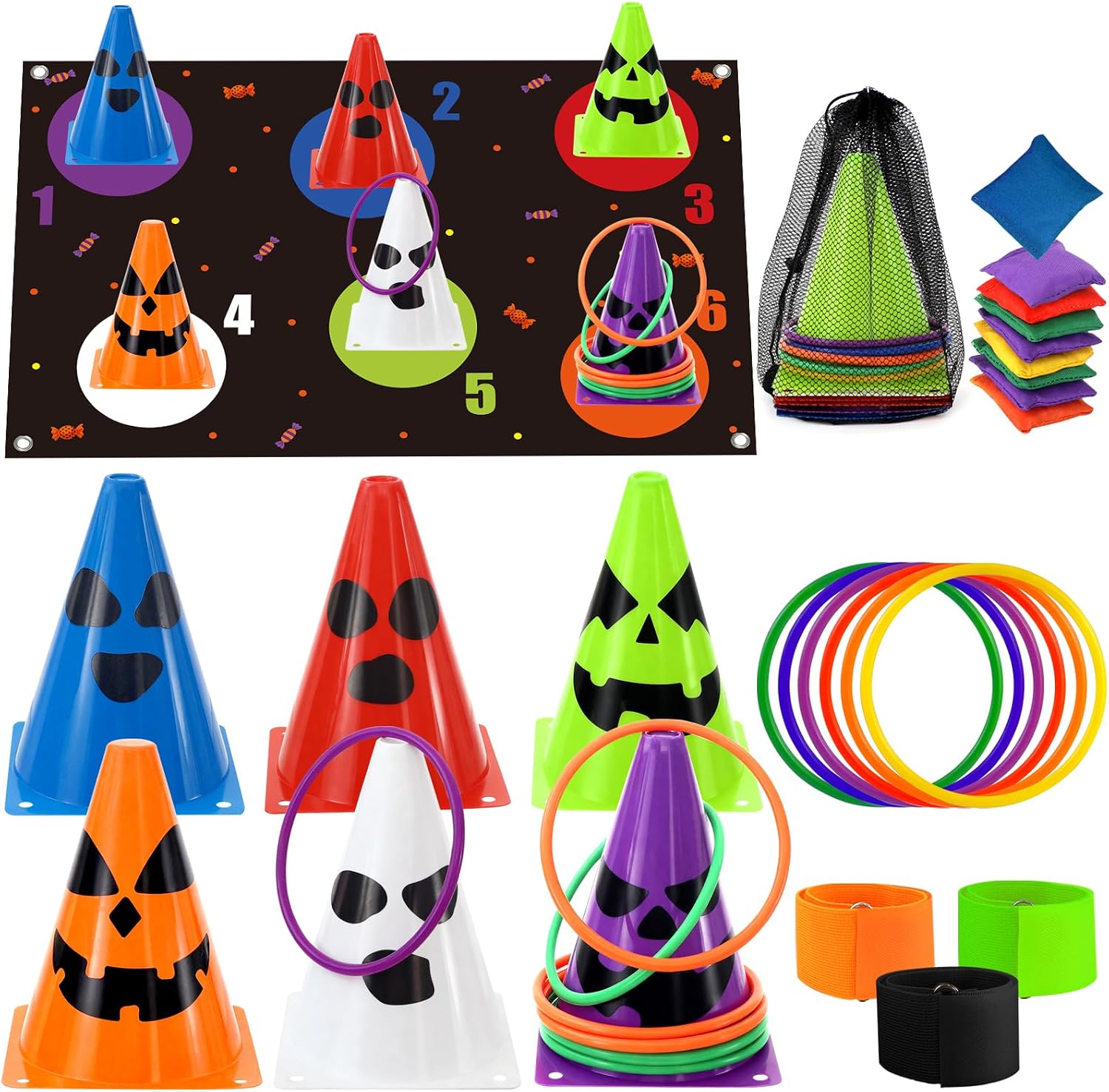 5 in 1 Fall Festival Thanksgiving Games-Outdoor Ring Toss Family Party Game | Banner, Cone, Bean Bag, 3-Legged Race Band Toys, Carnival Thanksgiving Gift for Kid Adult, Friendsgiving Yard Indoor Activity