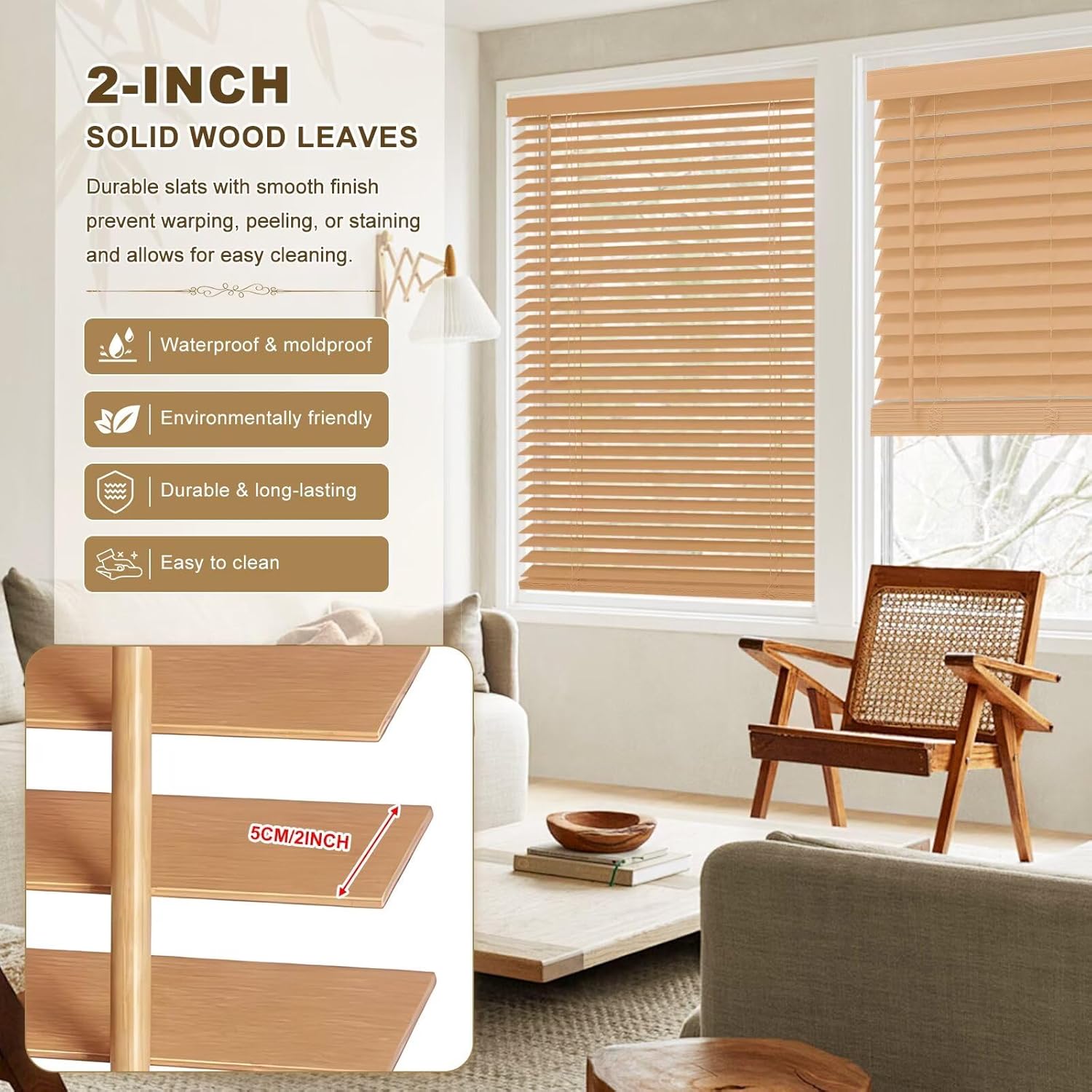 2" Slats Real Wood Blinds for Indoor Windows, Blackout Cordless Solid Wooden Venetian Blinds, Custom Size - Maple, Room Darkening & Privacy Horizontal Shades for Office, Living Room,Bedroom