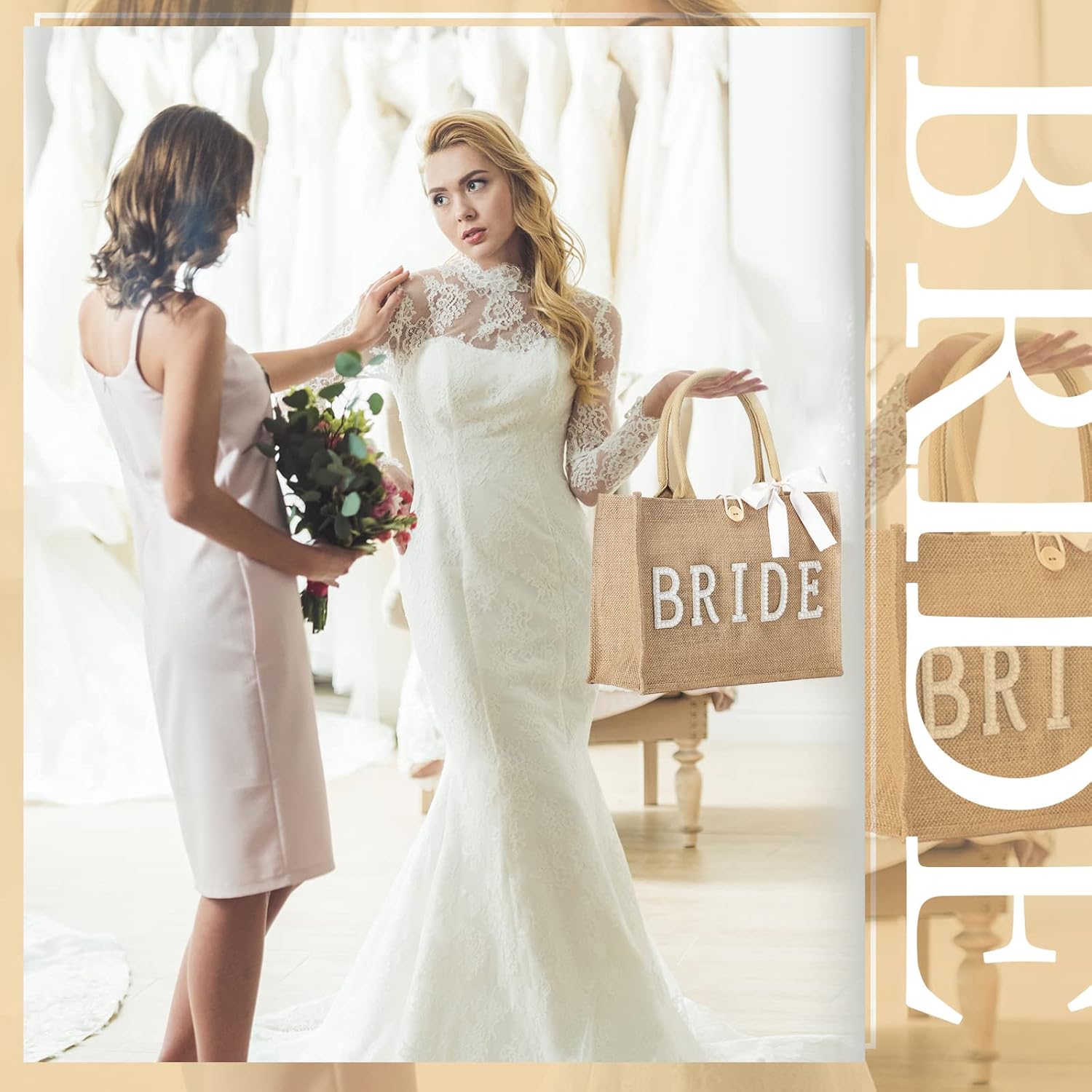 Silkfly Wedding Bride Bag Natural Jute Tote with Ribbon Bride Gift Bag with Handle for Shower(Silver Edges,Bride) - Image 3