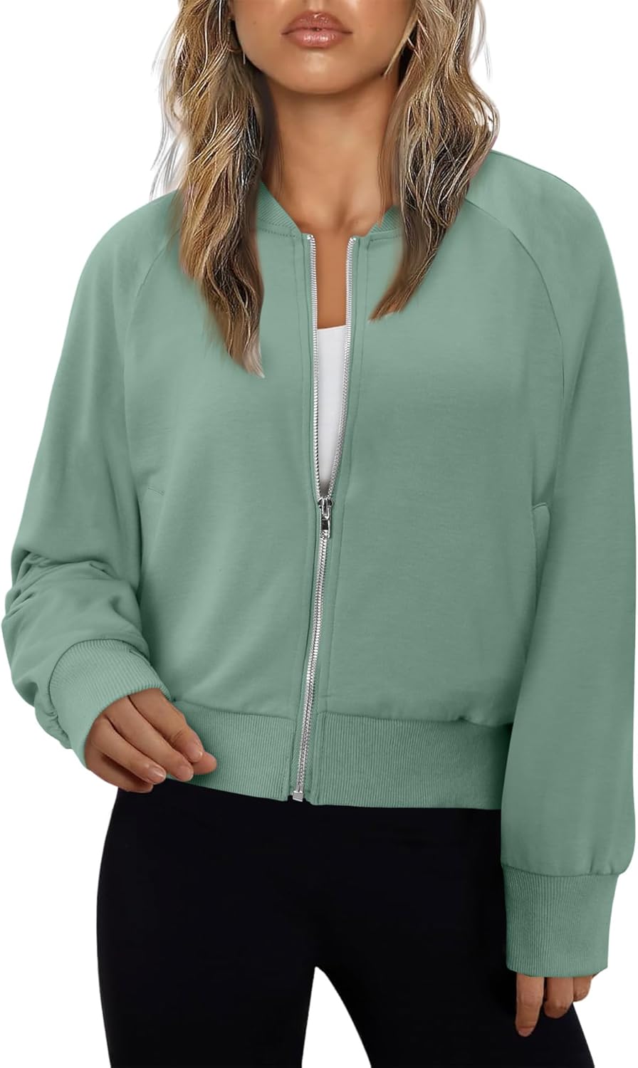 CRAZY GRID Womens Fashion Full Zip Up Jacket Comfy Long Sleeve Cropped Gym Top Solid Color Outfits with Pockets - Image 2