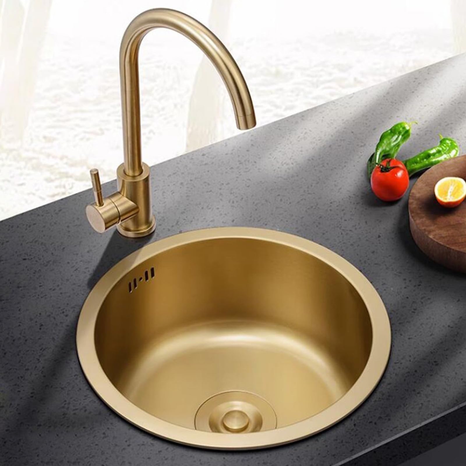 Fregadero redondo dorado de acero inoxidable para mini bar o caravana