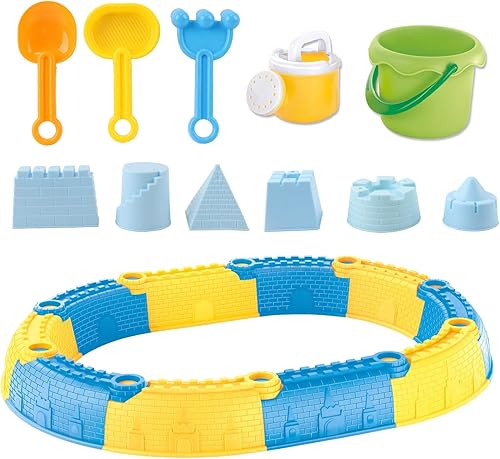 Vokodo Juego de castillo de arena de juguete de playa de 23 piezas, incluye moldes, herramientas, cubo, pala, rastrillo y regadera, perfecto para