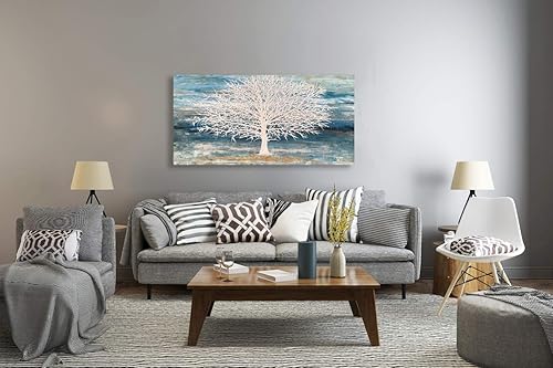 Miniatura 8 de RICHSPACE ARTS Lienzo moderno con diseño de árbol para la pared, imágenes de color verde azulado y blanco, gran decoración abstracta, pintura al