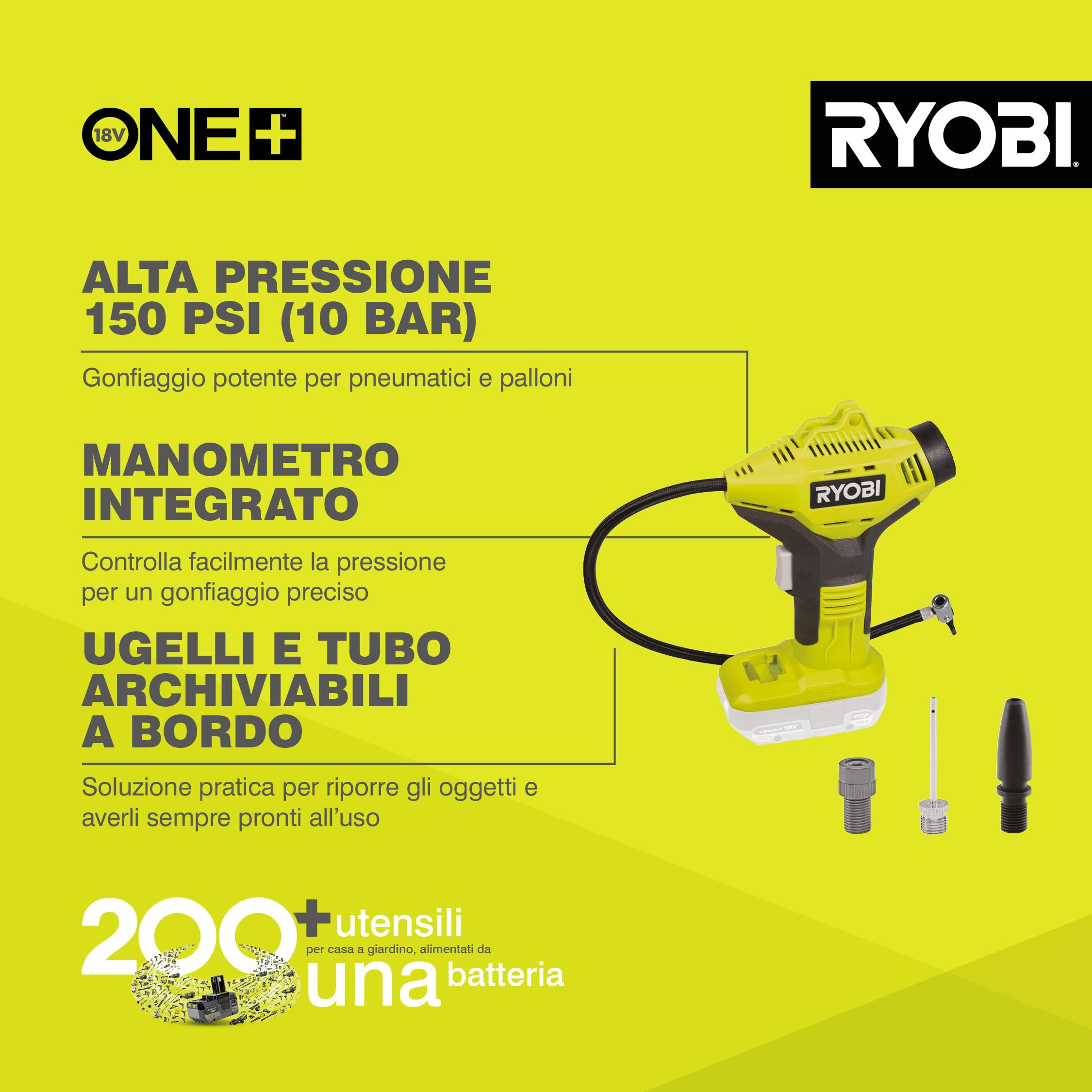 Ryobi Compressore Compatto a Batteria 18V ONE+ fino a 10,3 Bar, con Manometro Integrato, Tubo 50 cm e Accessori Inclusi per Pneumatici, Bici e Palloni, Batteria Non Inclusa, R18PI-0