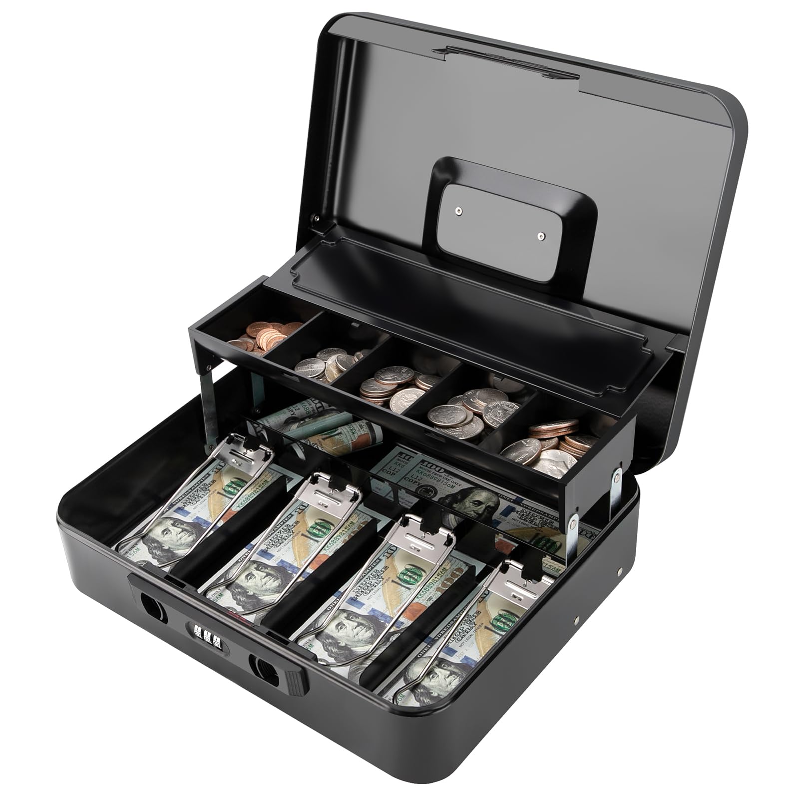 Caja de dinero con cerradura de combinación de cierre a presión y tapa deslizante para monedas, caja de dinero segura con bandeja para dinero y cerradura, caja de dinero segura duradera para