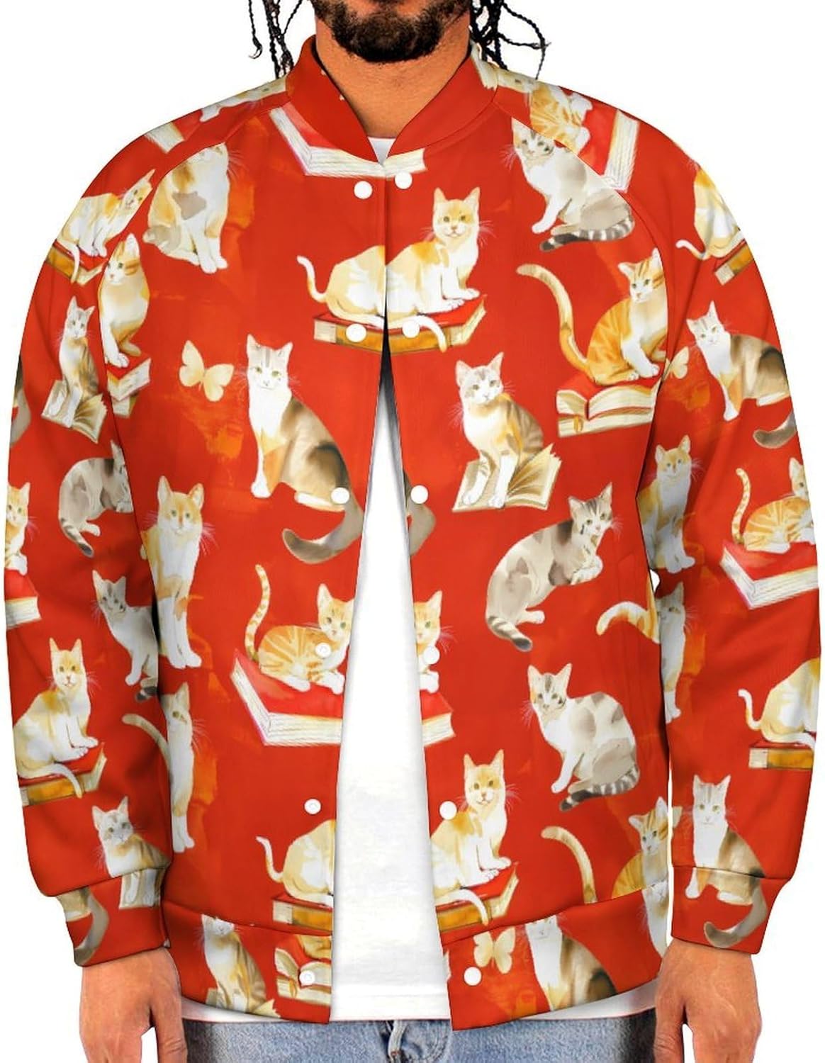 Watercolor Cats And Books Novelty Men's Baseball Jackets Causal Sweatshirt Button Top Long Sleeve Coat