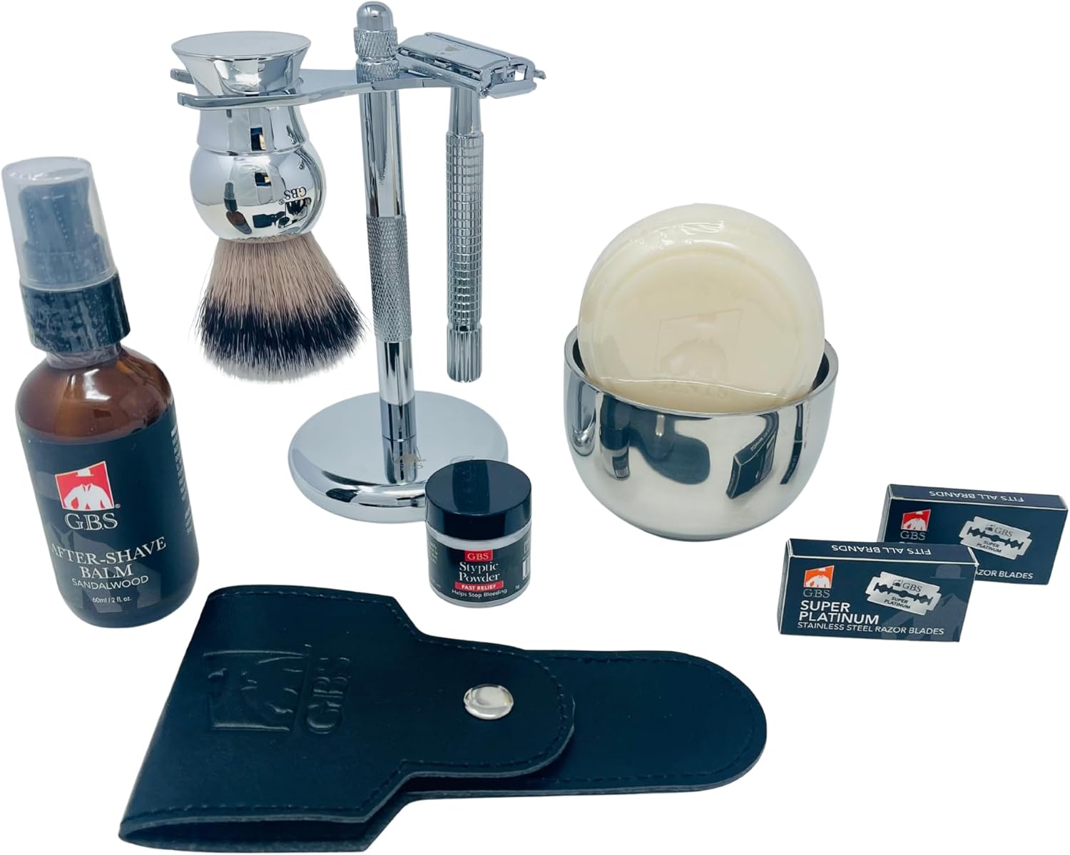 G.B.S GENTS Men’s Shaving Kit – Double Edge Safety Razor, Shaving Brush & Chrome Stand, Leather Razor Case, 20 Platinum Blades, Sandalwood Aftershave Balm, Chrome Bowl, Natural Soap & Styptic Powder