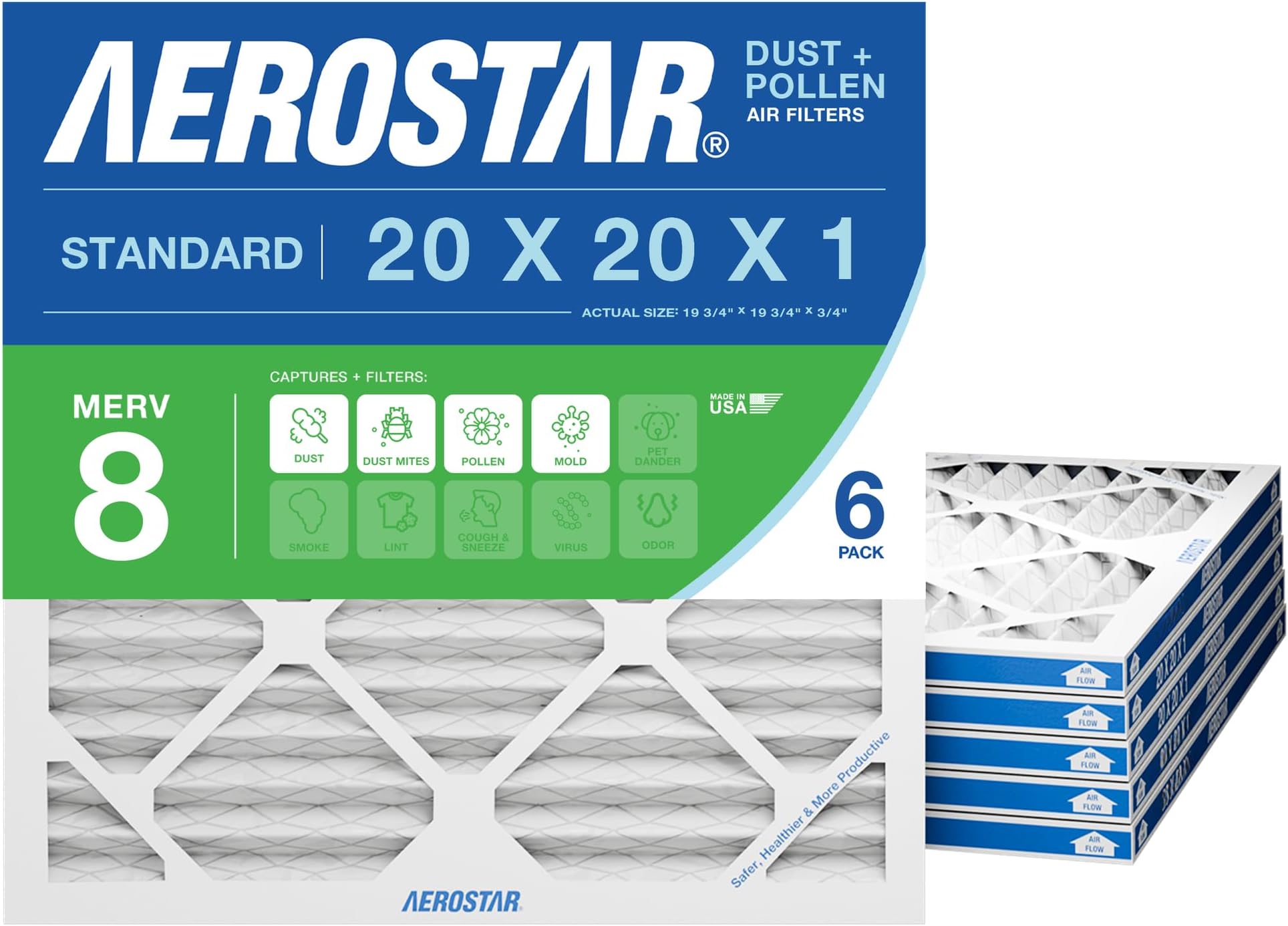 20x20x1 MERV 8 Pleated Air Filter, AC Furnace Air Filter, 6 Pack (Actual Size: 19 3/4" x 19 3/4" x 3/4")