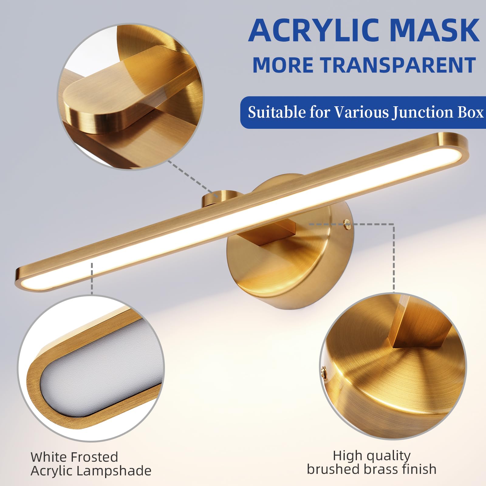 LED Spiegelleuchte Bad Wandleuchte Badezimmer Wandlampe Badlampe Wand 40cm, 12W Modern Bilderleuchte 3000K Spiegelbeleuchtung Messing Spiegellampen für Keller Küche Badschrank