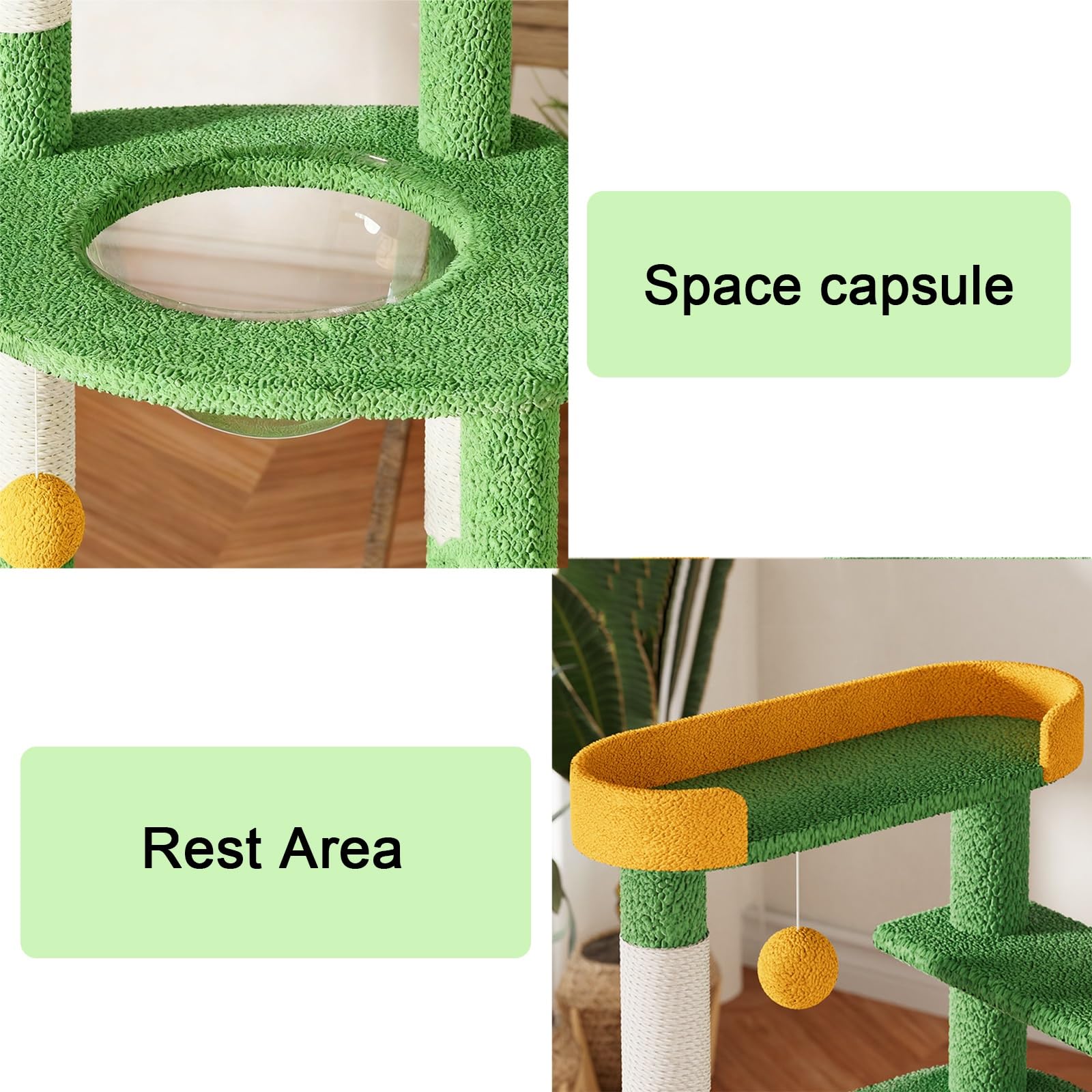 Tiragraffi a Forma di Cactus con Capsula Spaziale Tiragraffi per Gatti Include Colonna in Sisal Cuccia e Scaletta Robusta Base con Pallina Giocattolo Cuccia Spaziosa con Elevata Capacità di Carico