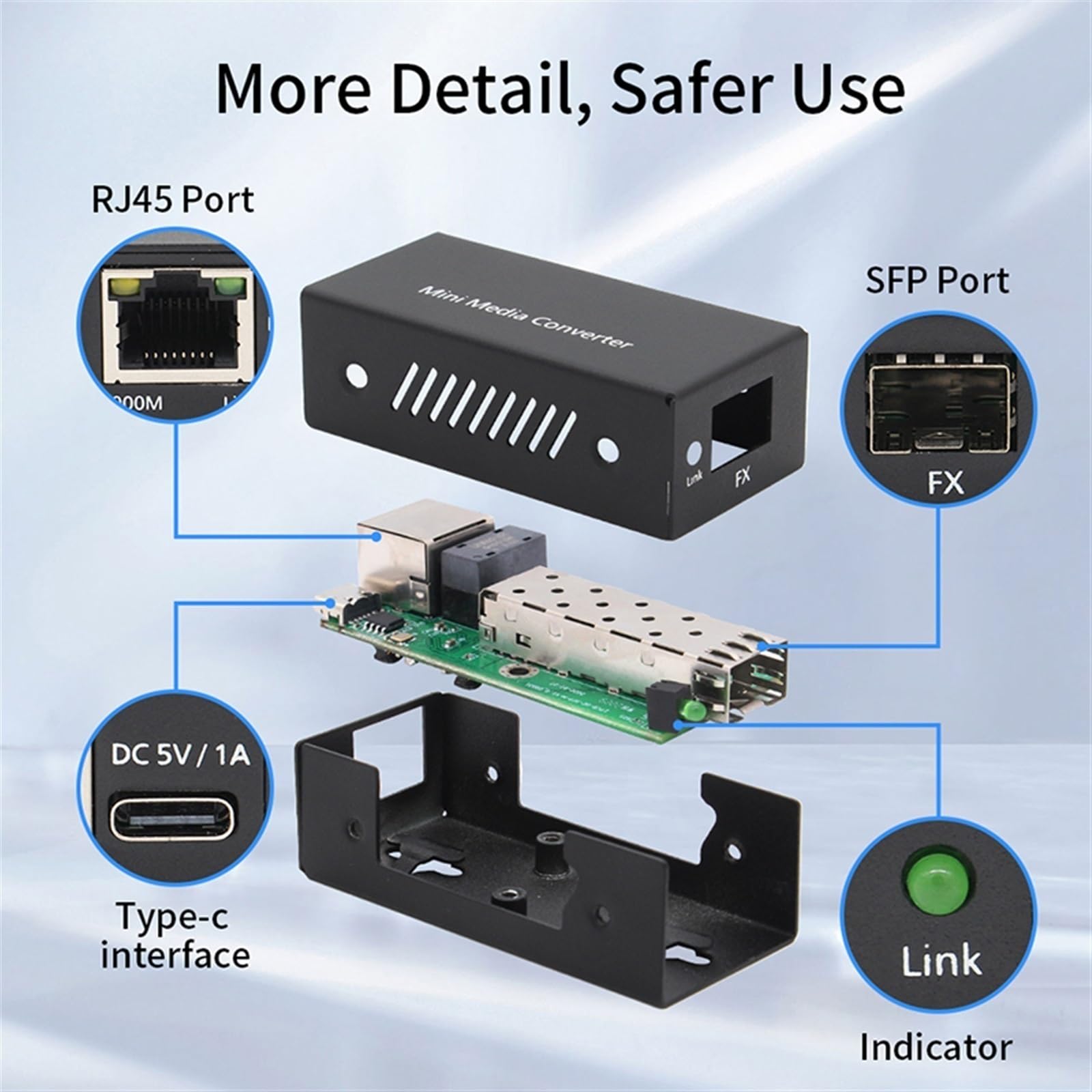 Gigabitowy Konwerter Mediów-konwerter Światłowodowy-SFP Na Konwerter Mediów Rj45 1000 Mb/s-SFP Przełącznik Światłowodowy Port DC 5V 1A Typu C