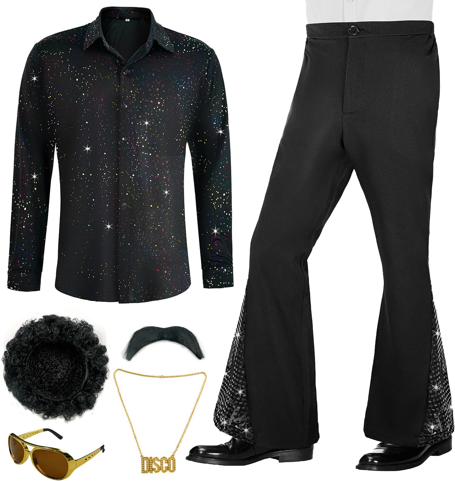 70s Outfits for Men 6 Pcs Disco Outfit Retro Costume with Bell Bottom Pants