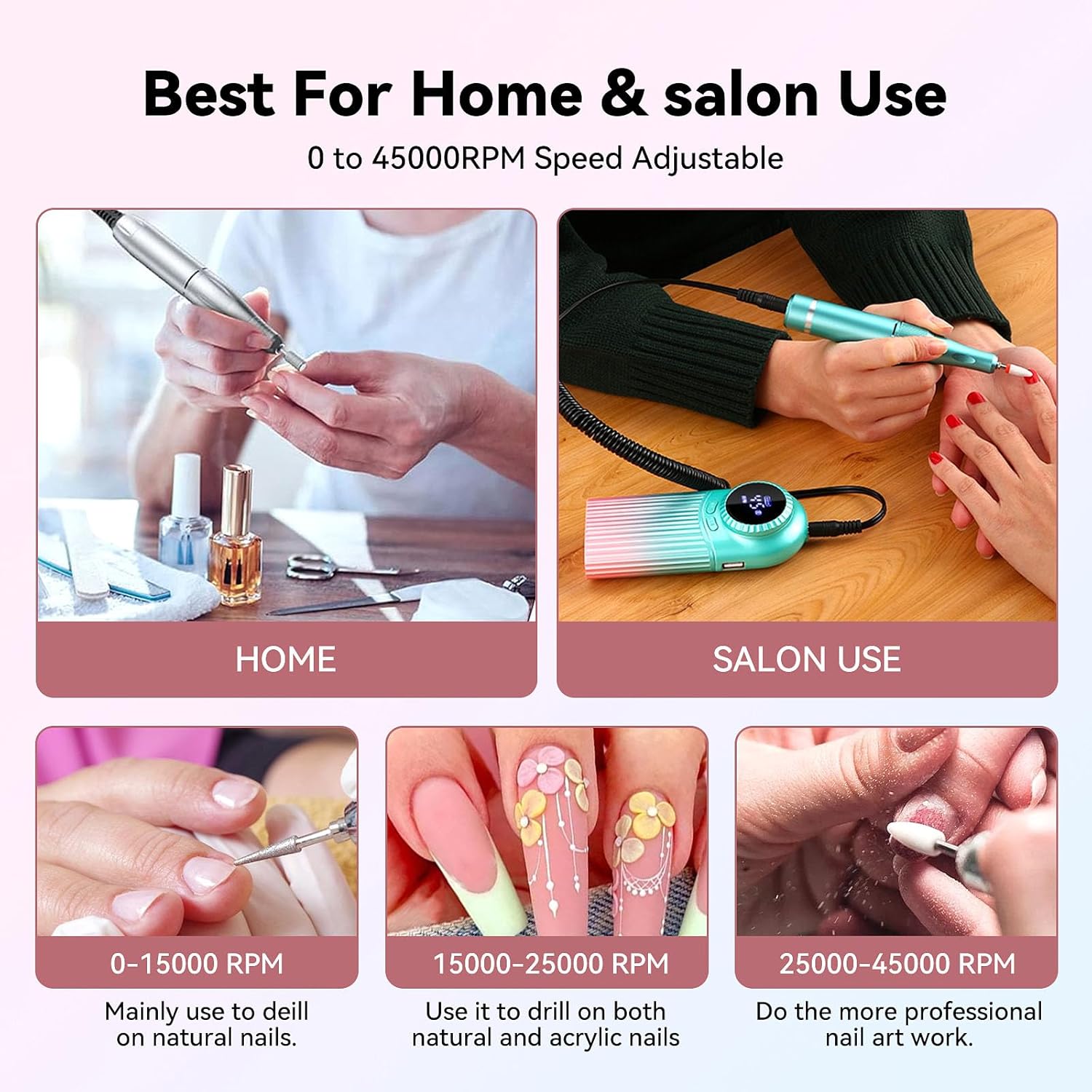 45000RPM Professional Portable Nail Drill Electric Fil,4000mAh,Rechargeable Nail E File Machine with Bag & Bits &Clean Brush for Acrylic Nails Remove Nail Gel Polish Manicure,Cordless(Pink Blue)