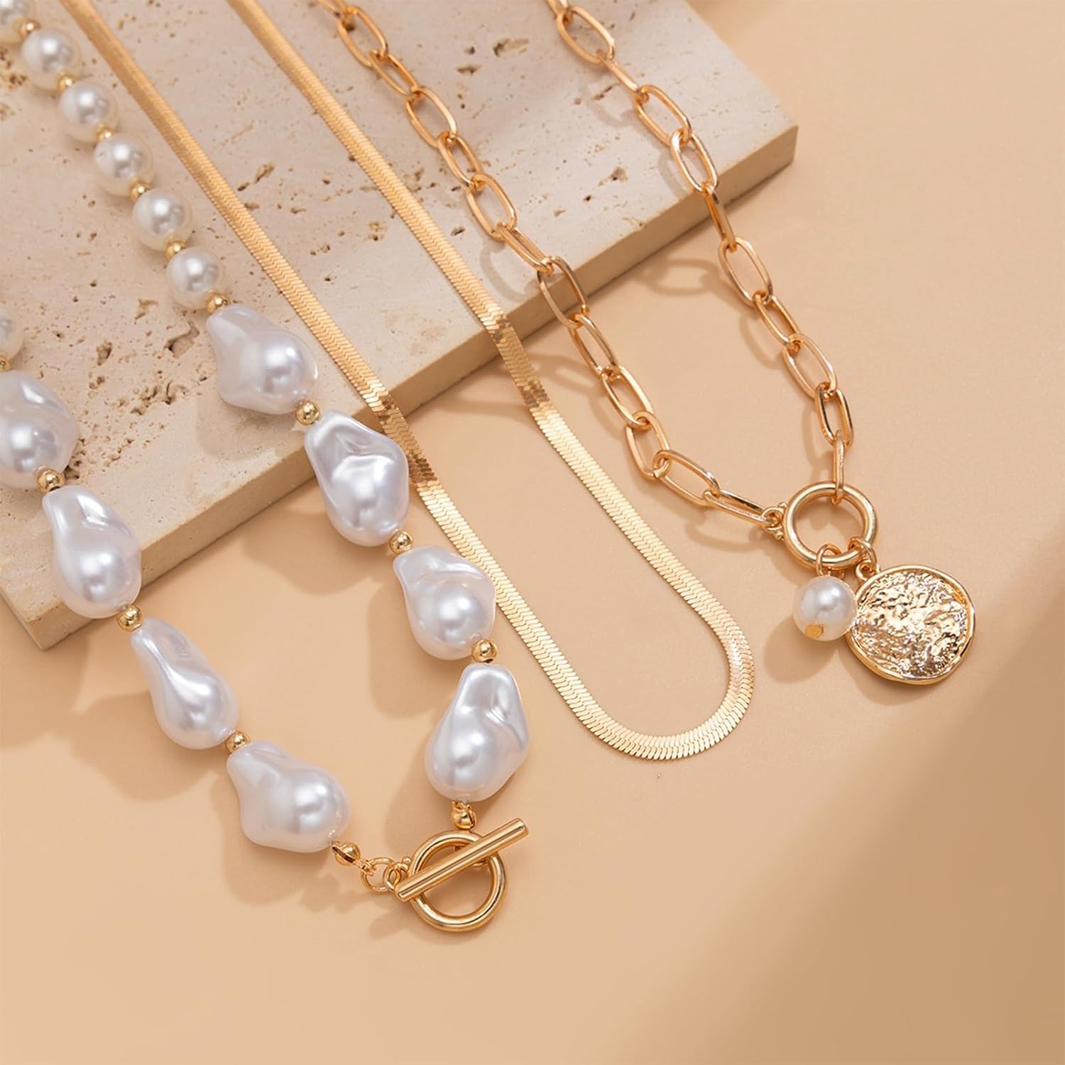 Pearl Necklace for Women Layered Gold Necklaces Gold T Bar Necklace Chunky Chain Necklace Gold Beaded Necklace Gold Jewelry Gift Women - Image 4