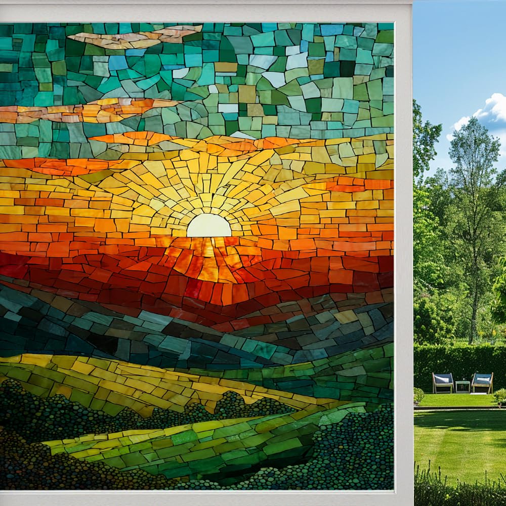 Pmlbaous Sunset Scenery Privacy Window Film, Geometric Natural Fields Frosted Self-Adhesive Vinyl Cling For Glass Doors Bathroom Windows Sun Blocking Heat Control, （55X100cm）